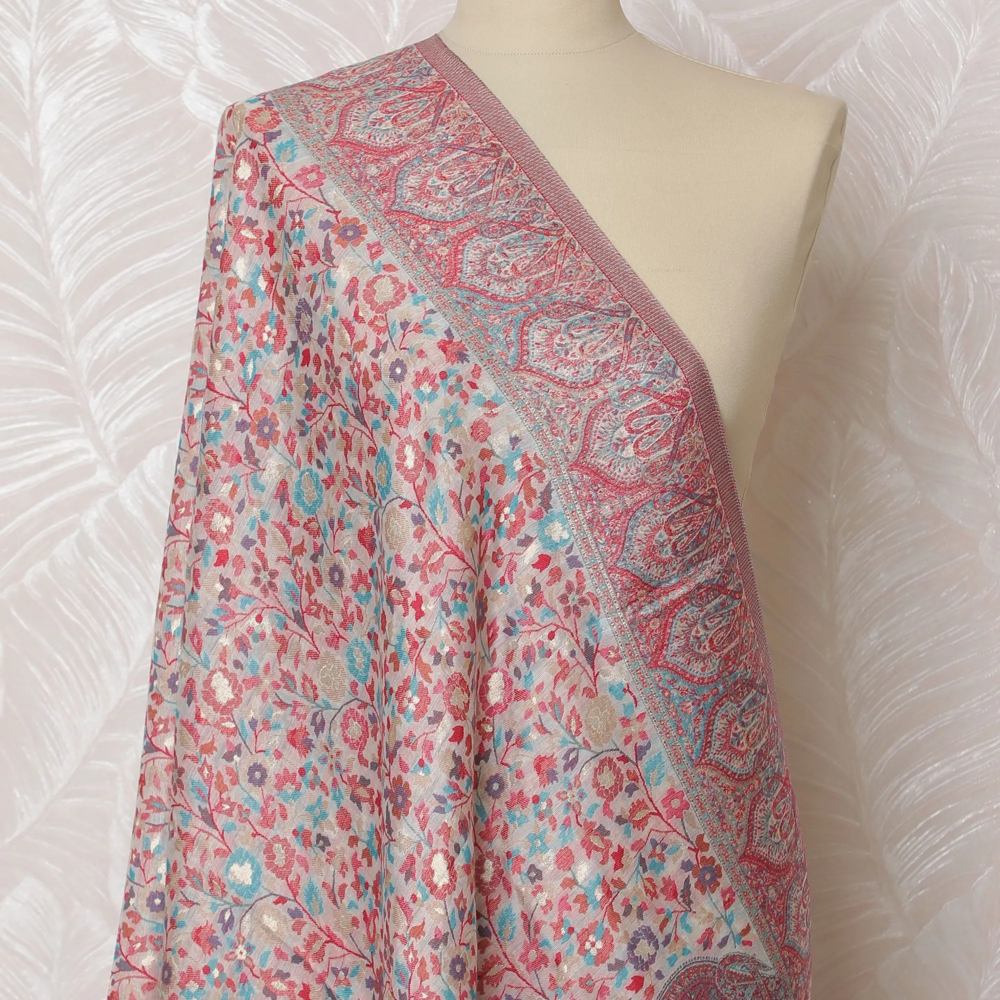 Pastel Pink and Gray Silk Jacquard Dupatta with Floral and Paisley Design – 235 X 95 Cms, India-D20314