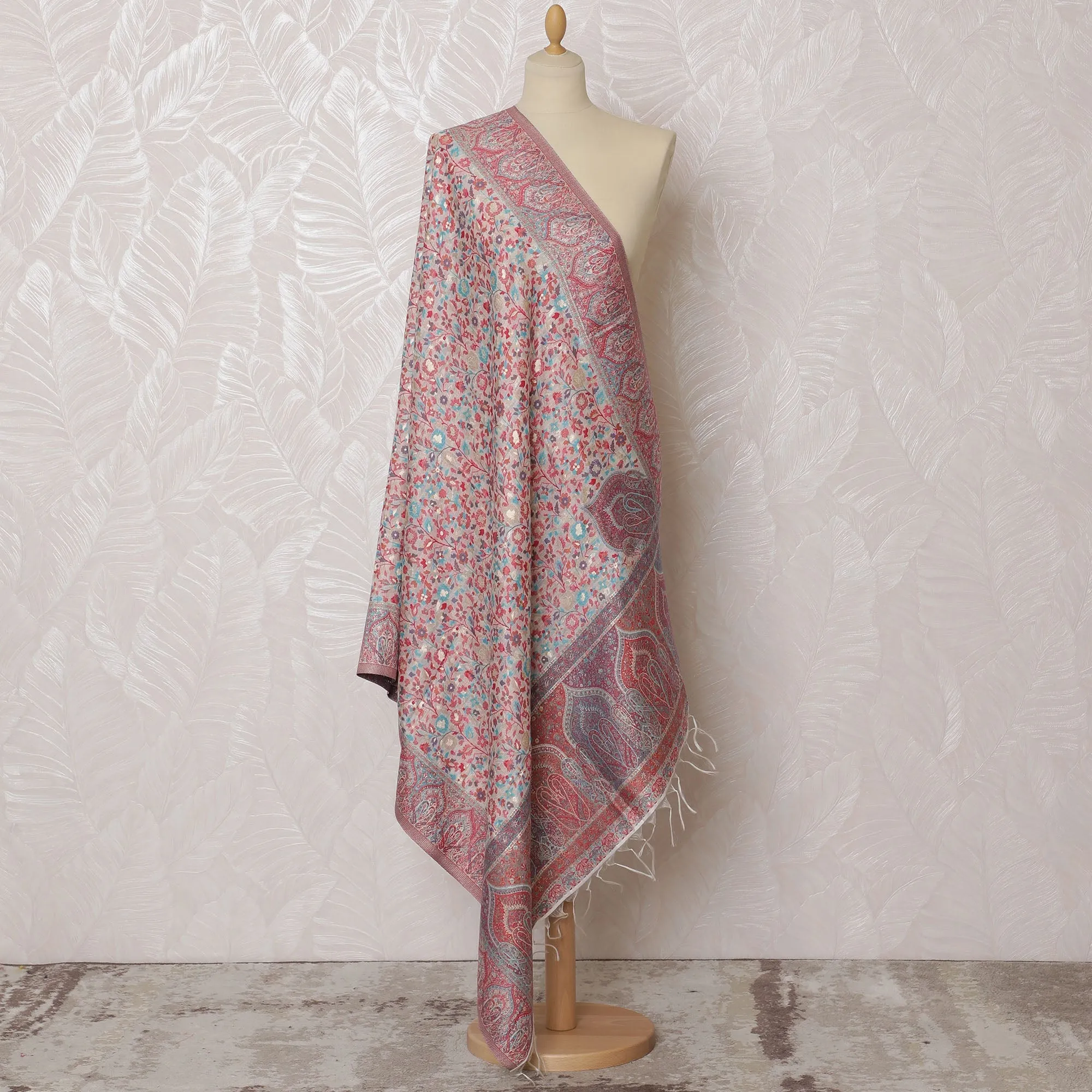 Pastel Pink and Gray Silk Jacquard Dupatta with Floral and Paisley Design – 235 X 95 Cms, India-D20314