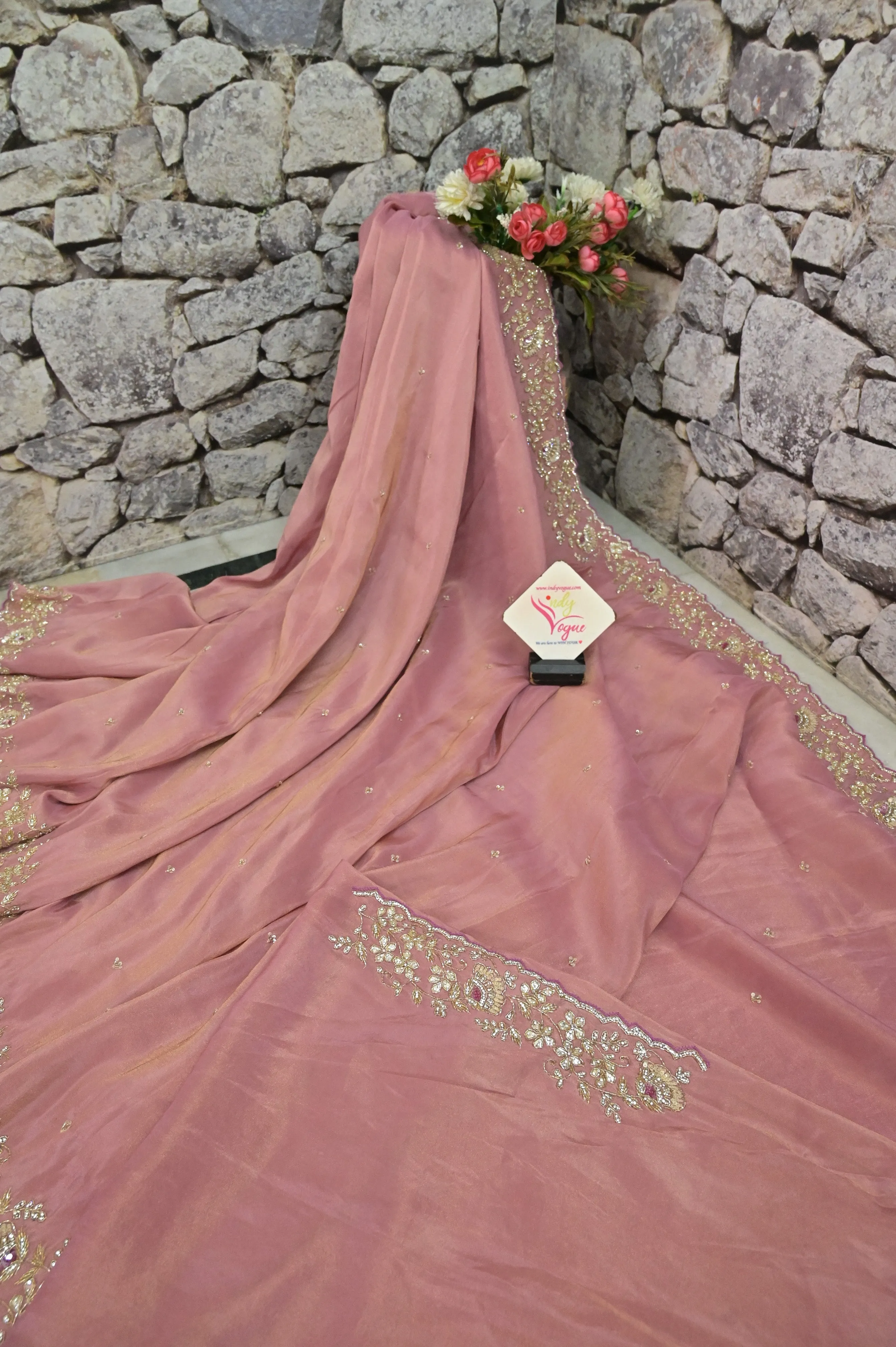 Peach Pink Color Georgette Tissue Saree with Stone and Gota Patti Embroidery