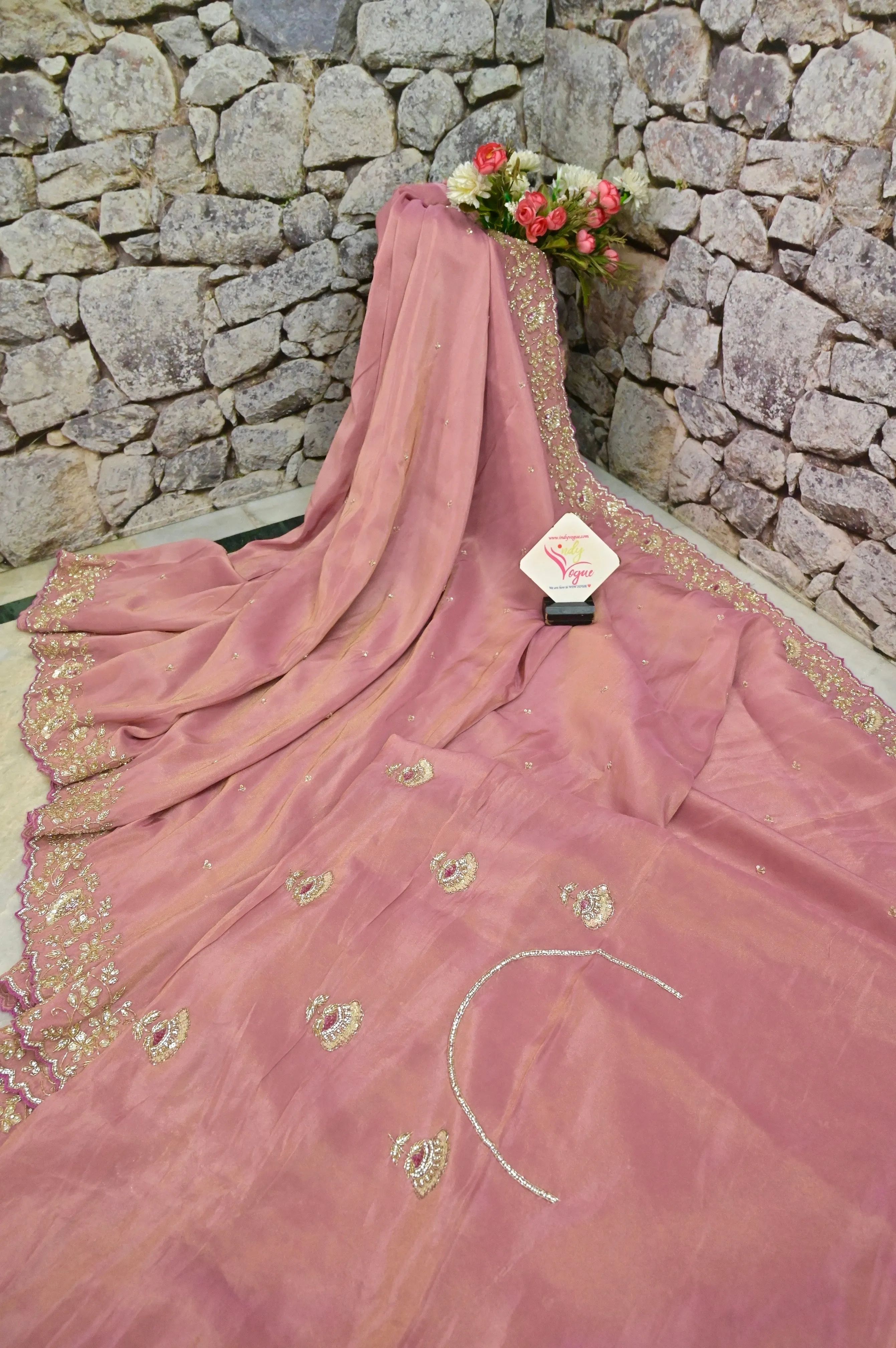 Peach Pink Color Georgette Tissue Saree with Stone and Gota Patti Embroidery