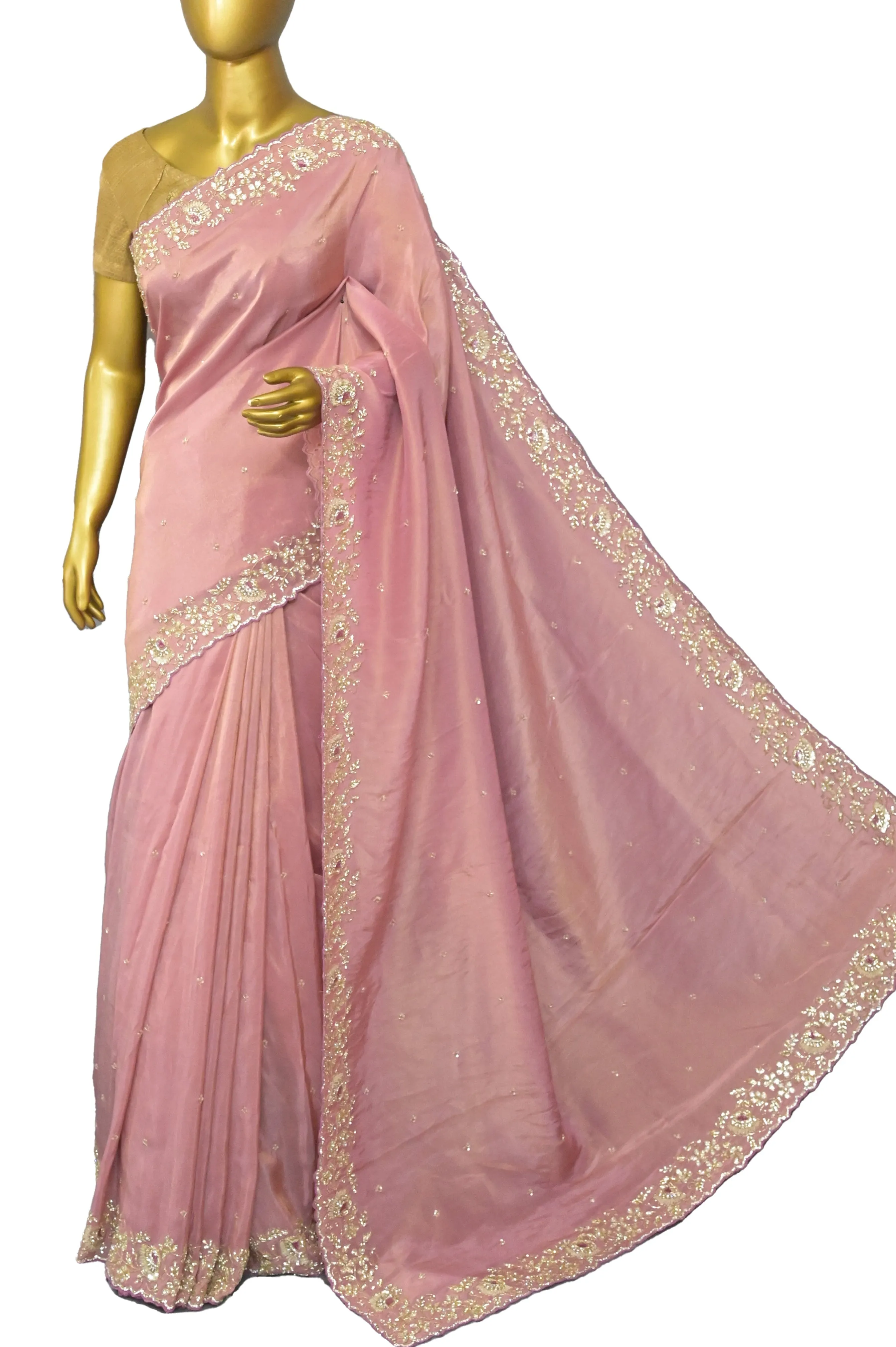 Peach Pink Color Georgette Tissue Saree with Stone and Gota Patti Embroidery