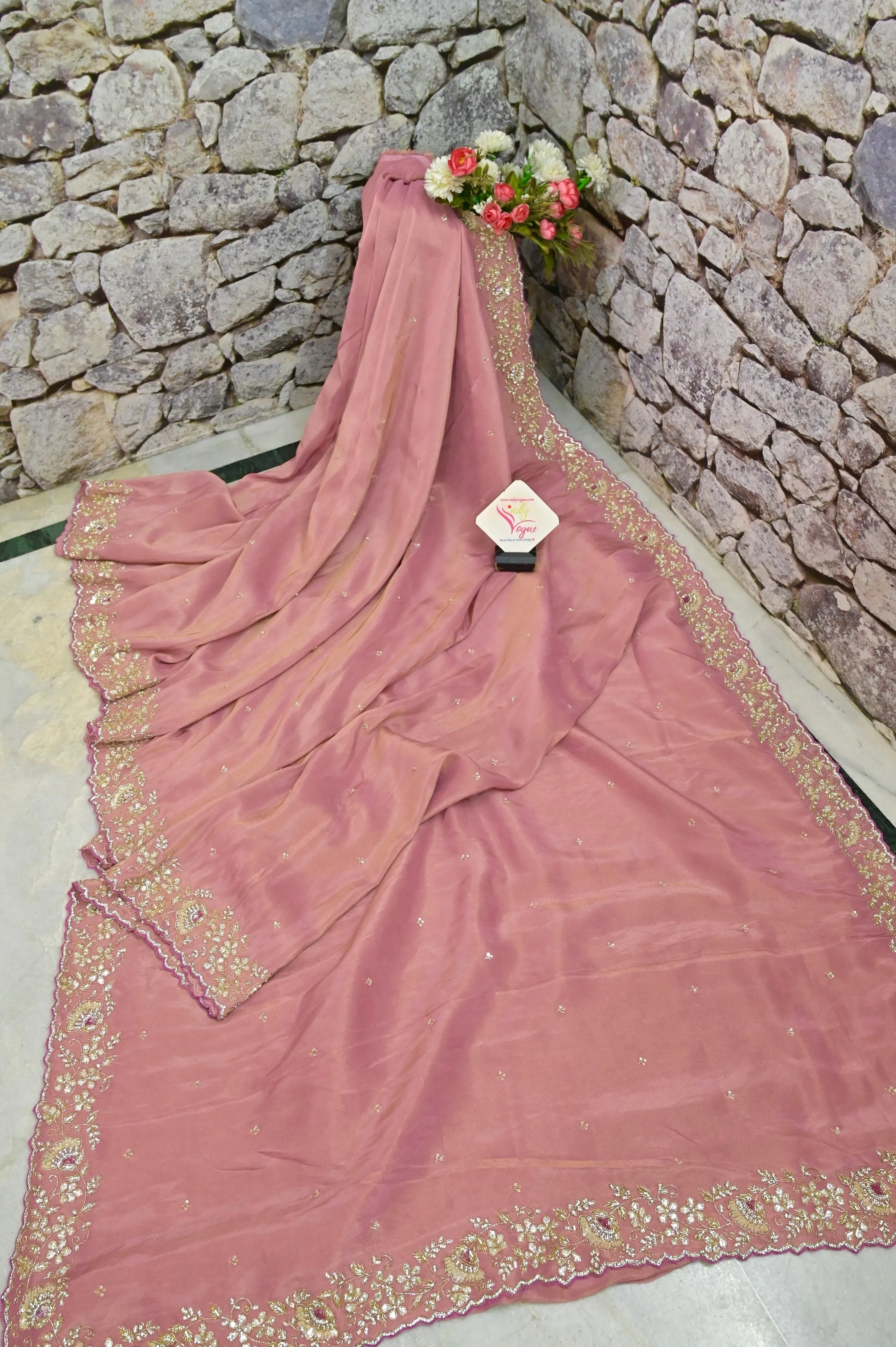 Peach Pink Color Georgette Tissue Saree with Stone and Gota Patti Embroidery