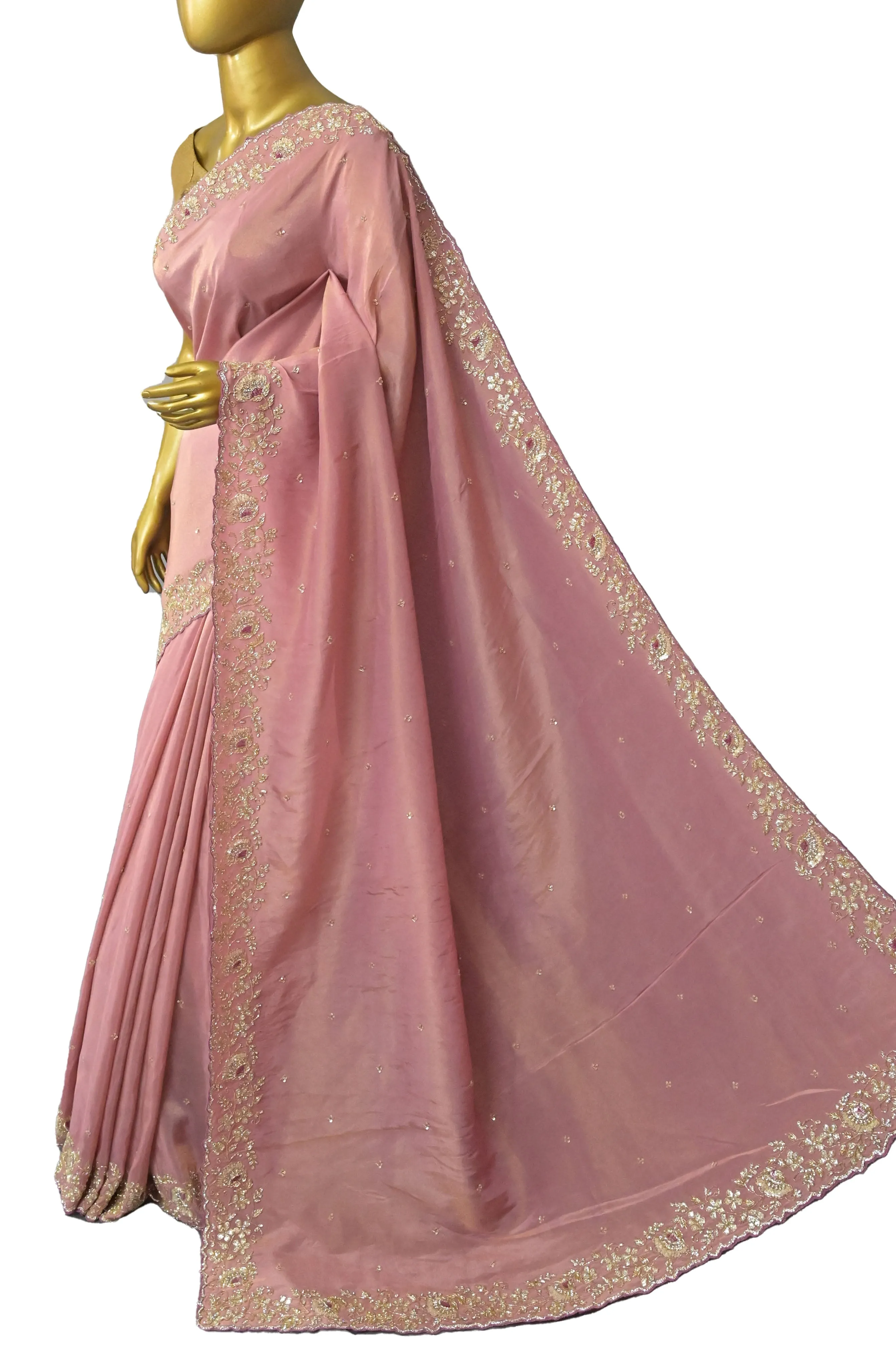 Peach Pink Color Georgette Tissue Saree with Stone and Gota Patti Embroidery