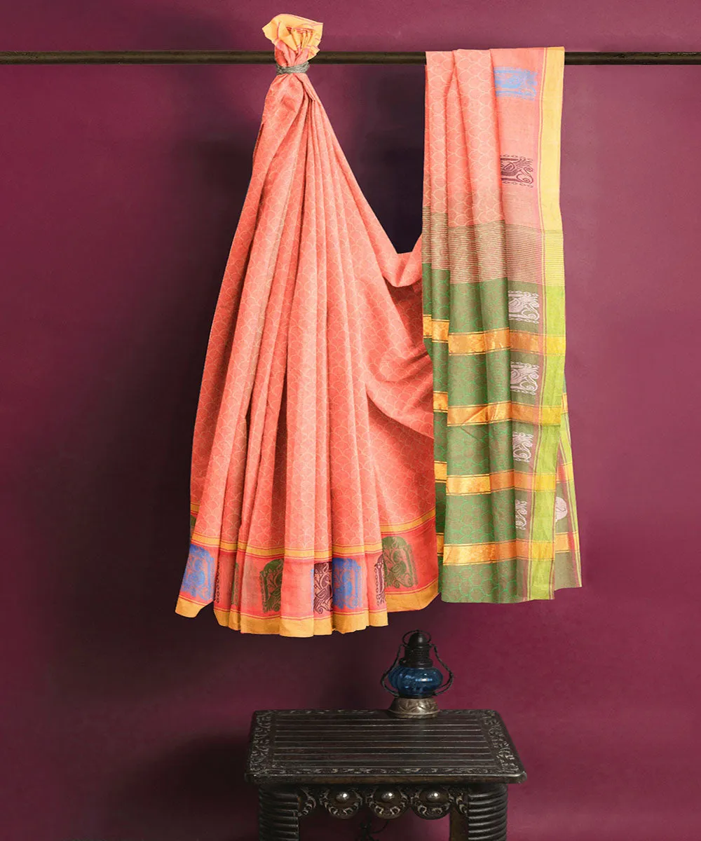 Peach plain butta handwoven rajahmundry cotton saree