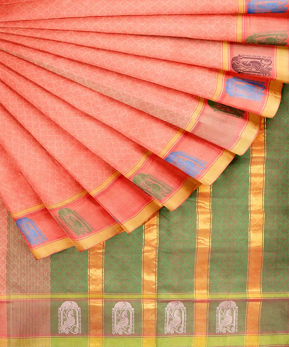 Peach plain butta handwoven rajahmundry cotton saree