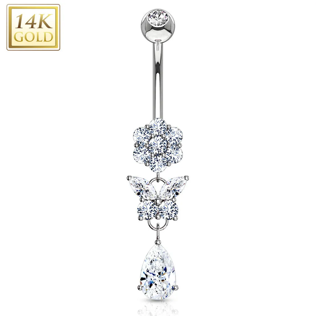 Pear Cut CZ Dangle with Gemmed Flower and Butterfly 14 Karat Solid Gold WildKlass Navel Ring