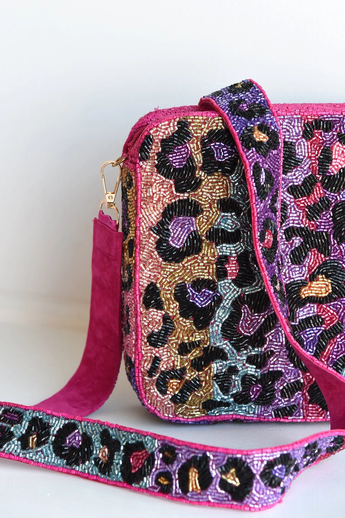 PINK LEOPARD BEADED CROSSBODY