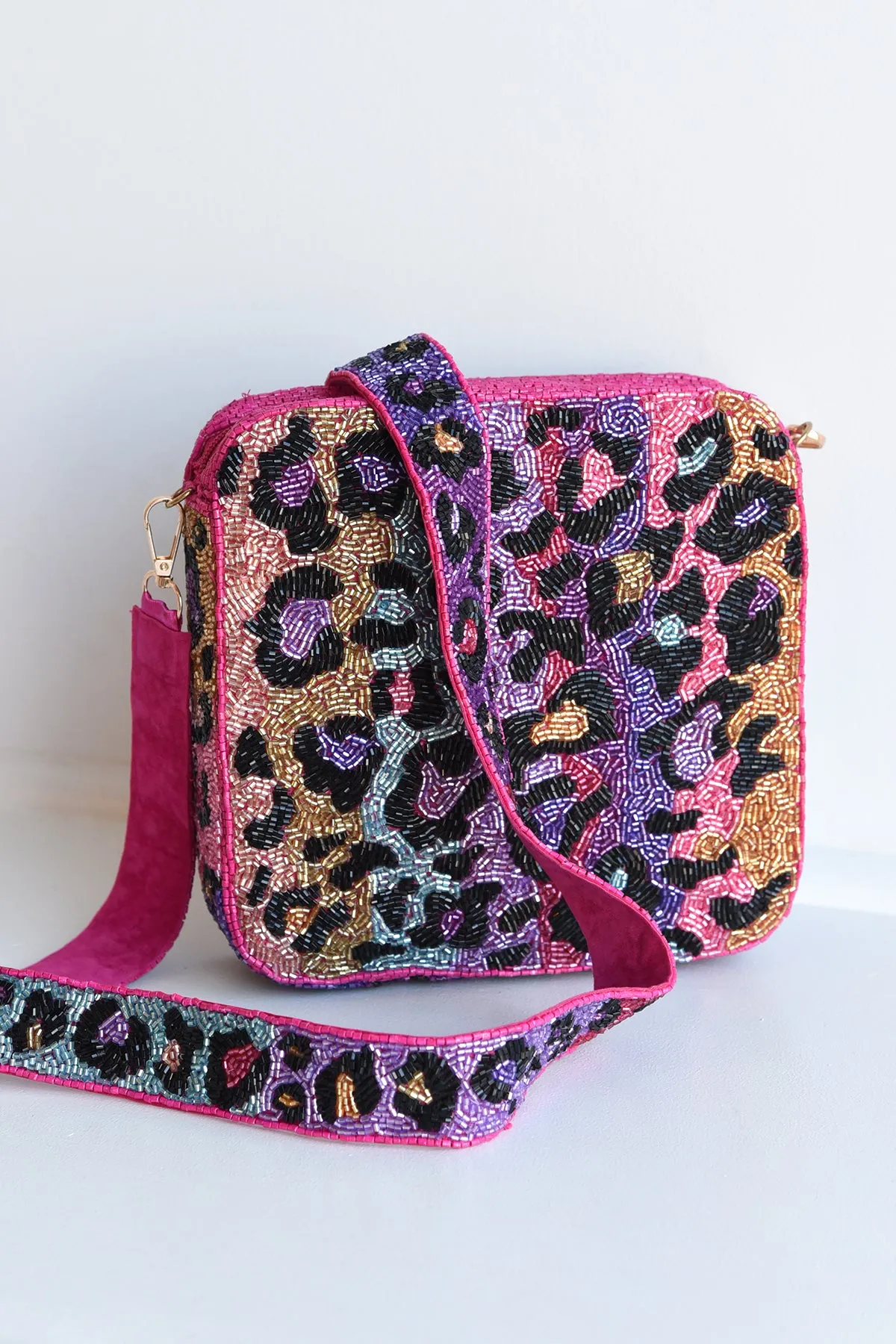 PINK LEOPARD BEADED CROSSBODY