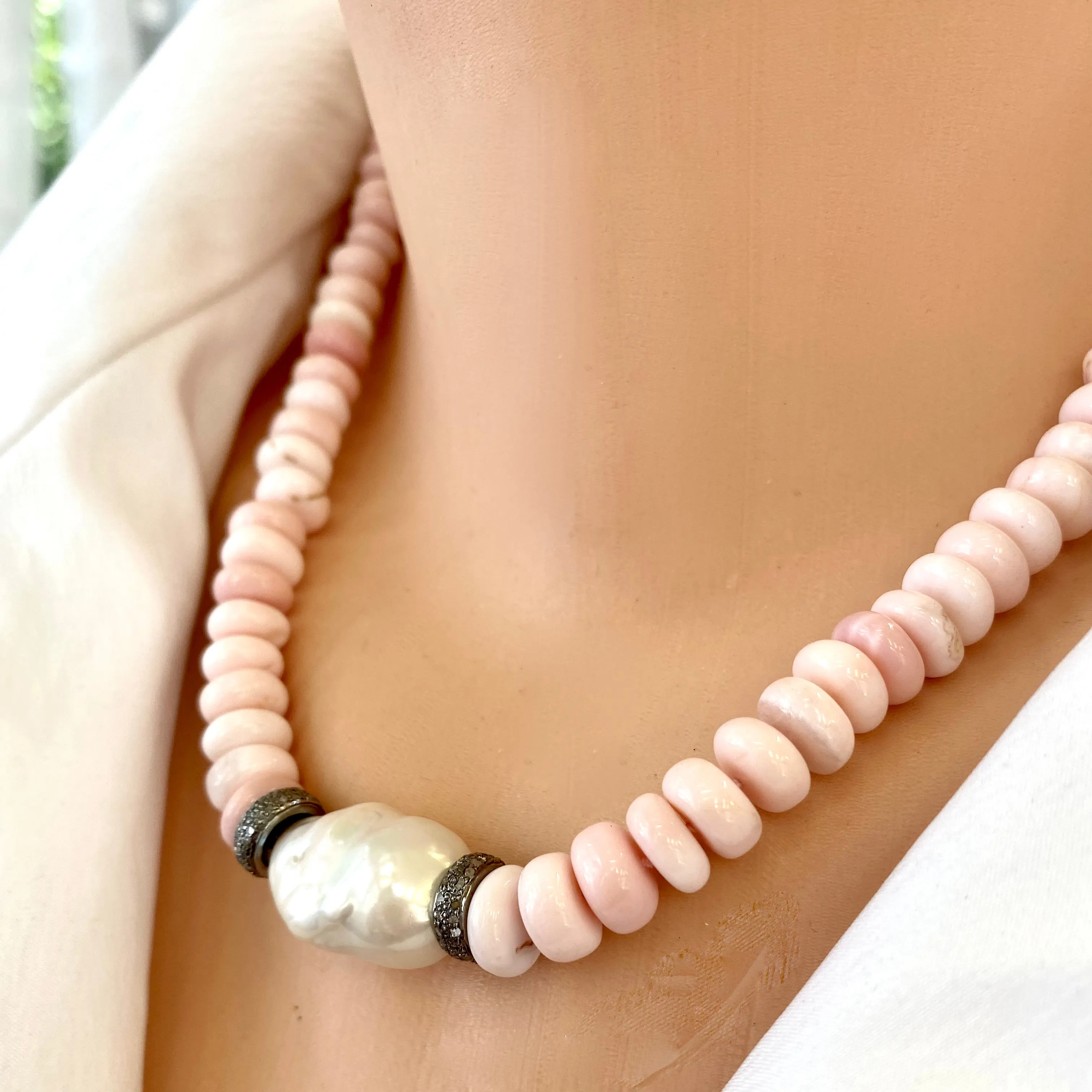 Pink Opal Candy Necklace with White Baroque Pearl and Diamonds, 18inches