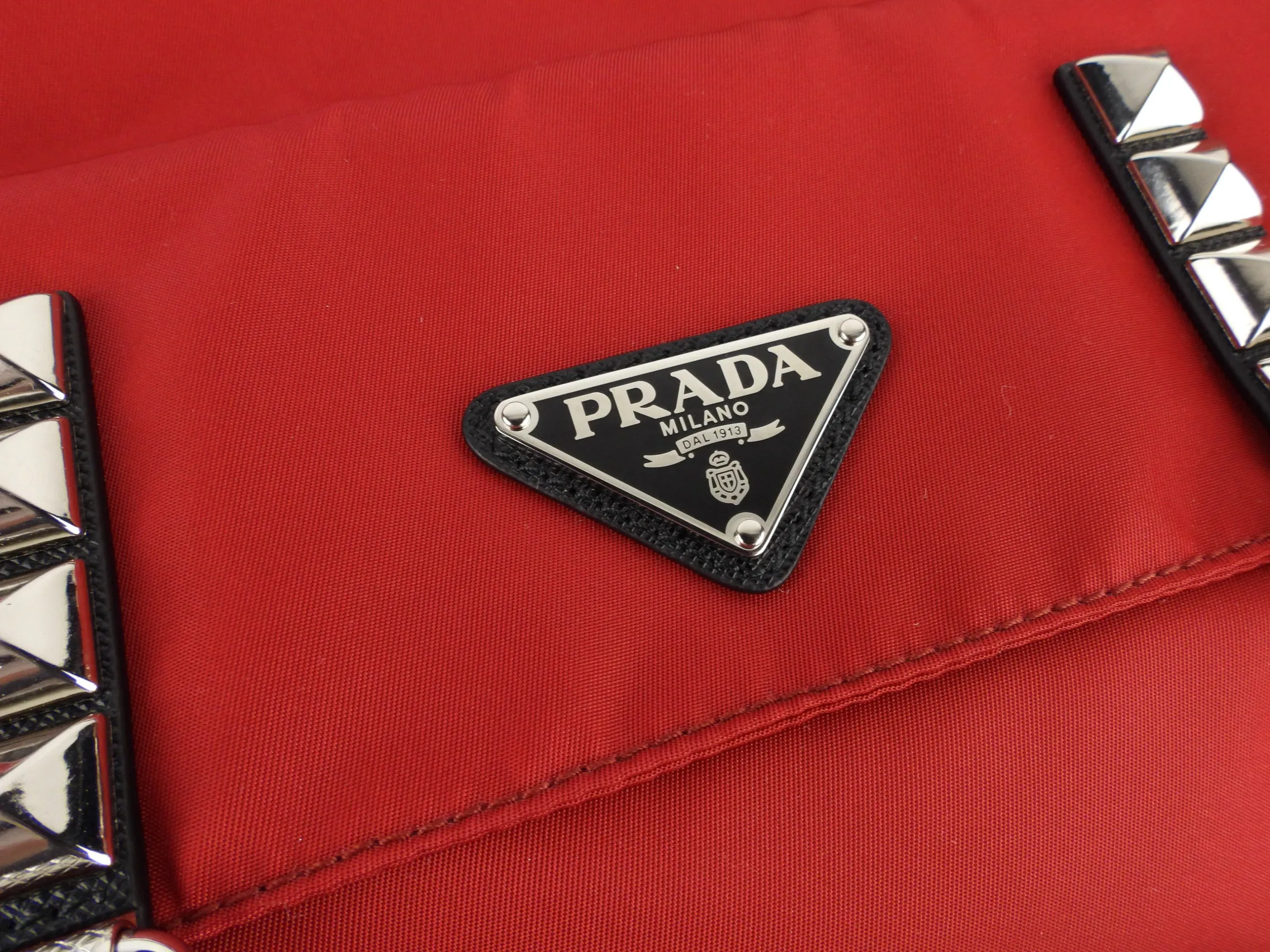 Prada Cherry Red Tessuto Nylon New Vela Studded Shoulder Bag