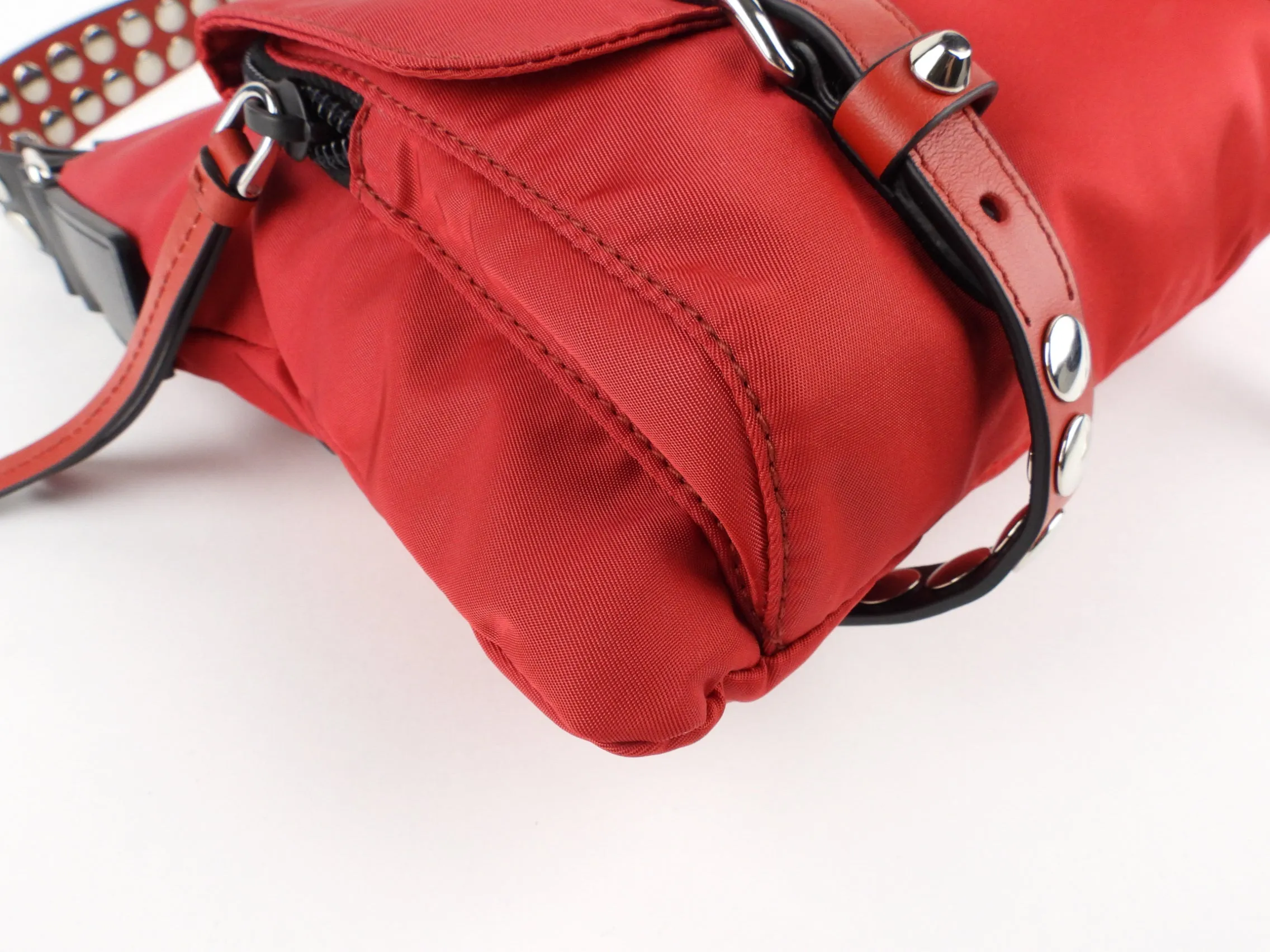 Prada Cherry Red Tessuto Nylon New Vela Studded Shoulder Bag