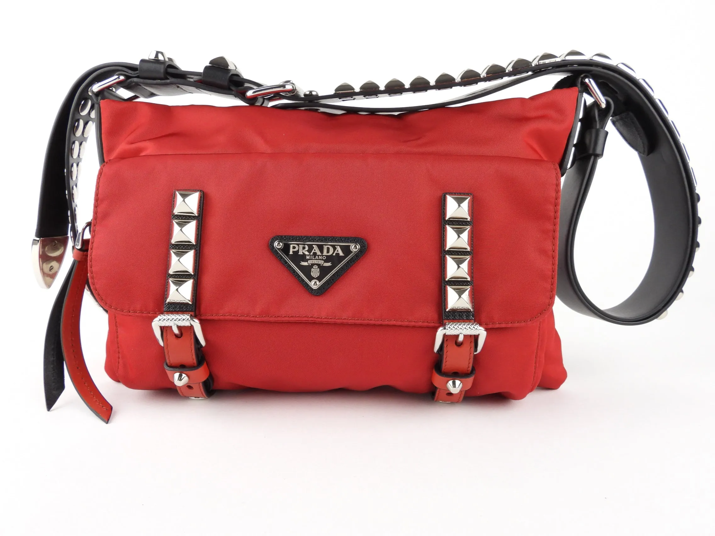 Prada Cherry Red Tessuto Nylon New Vela Studded Shoulder Bag