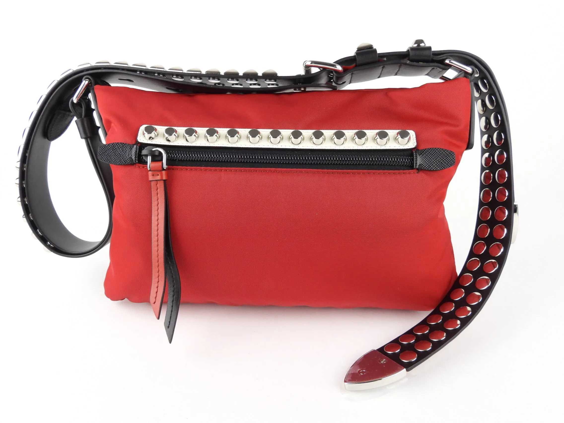 Prada Cherry Red Tessuto Nylon New Vela Studded Shoulder Bag