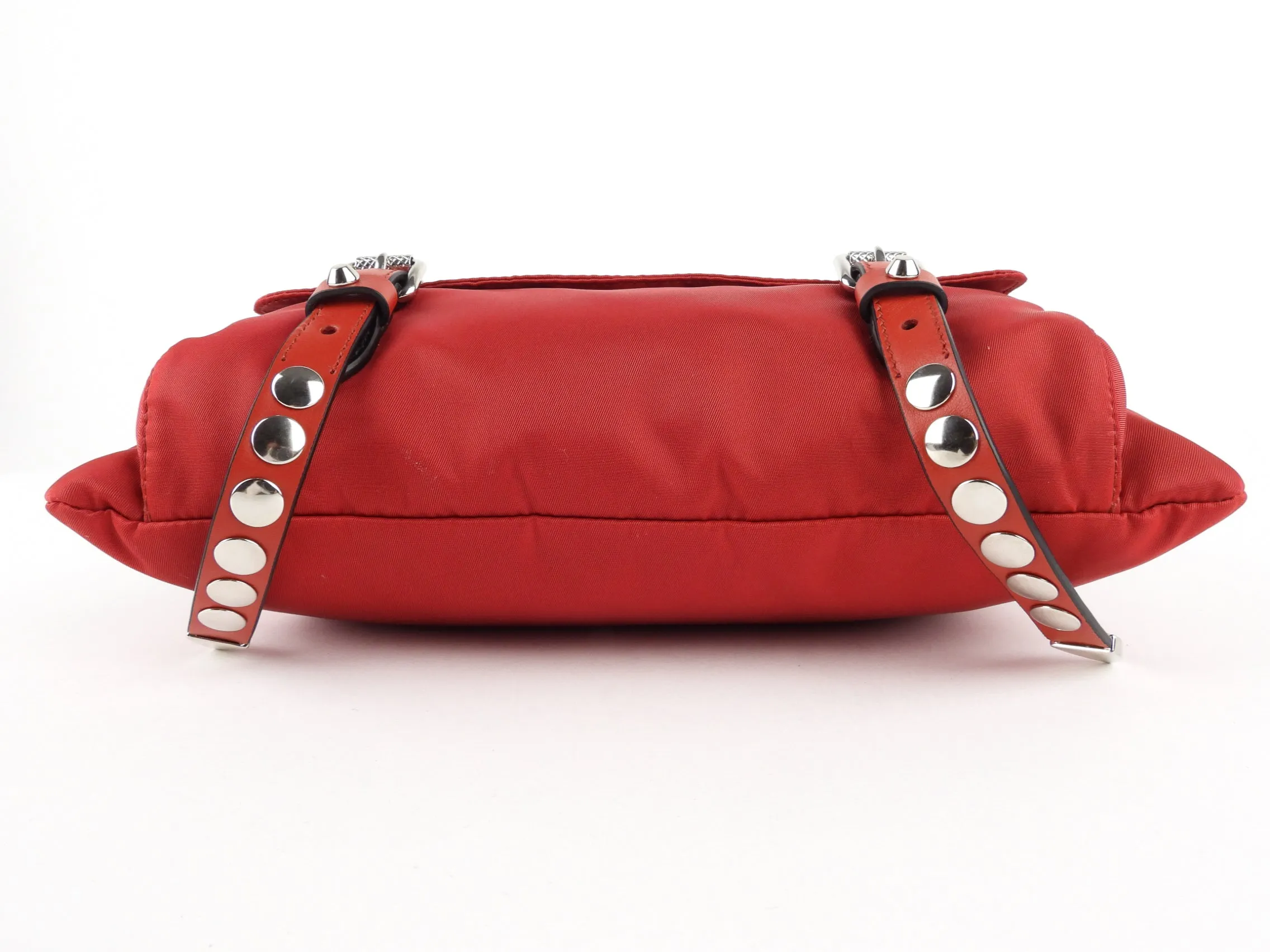 Prada Cherry Red Tessuto Nylon New Vela Studded Shoulder Bag