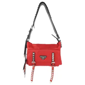 Prada Cherry Red Tessuto Nylon New Vela Studded Shoulder Bag