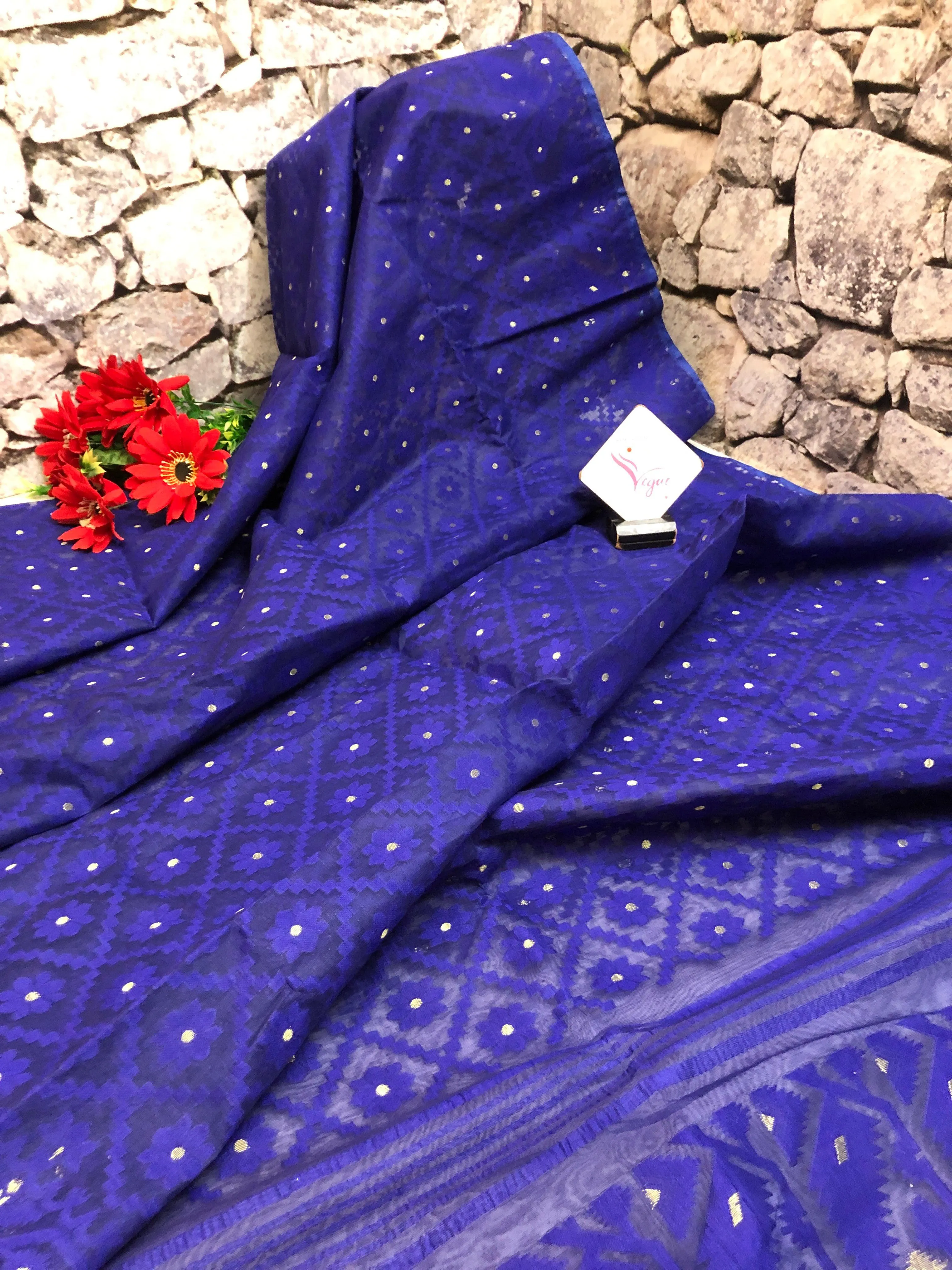 Pure Indigo Blue Color Jamdani Saree