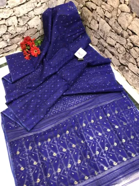 Pure Indigo Blue Color Jamdani Saree