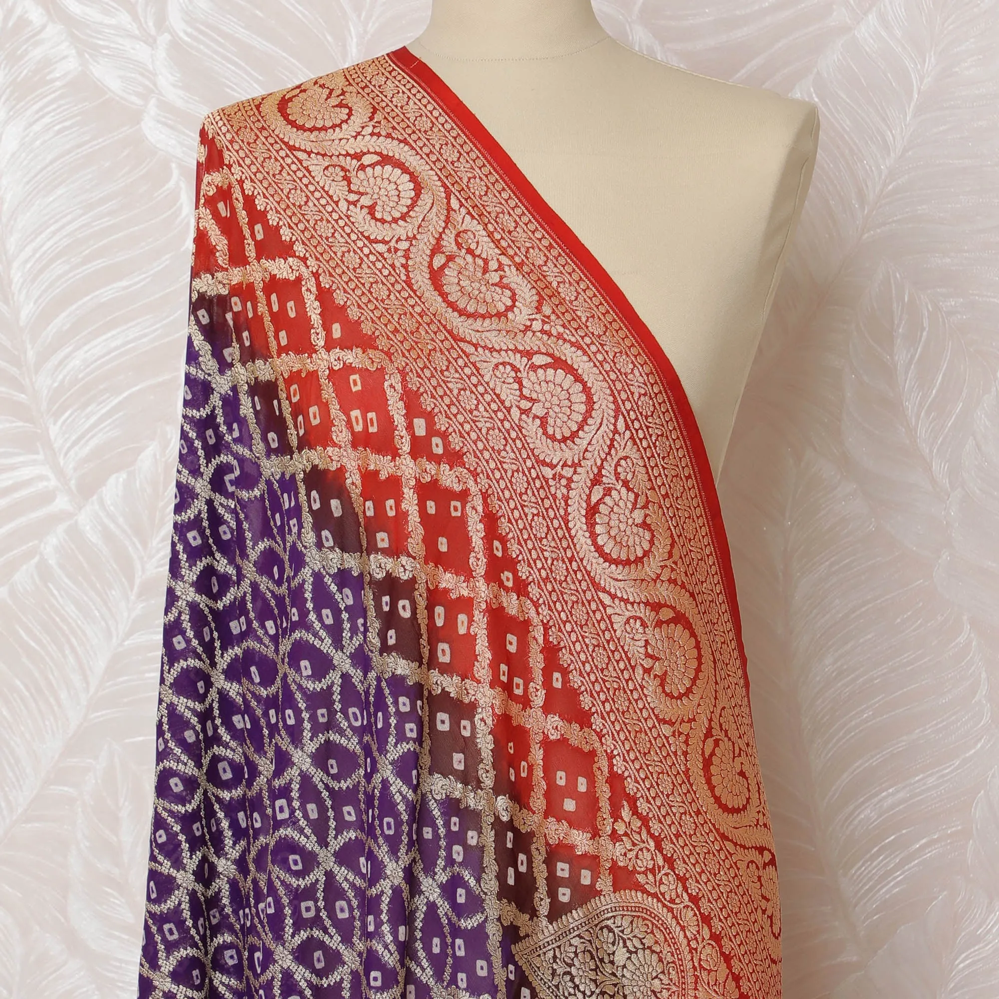 Purple and Red Bandhani Silk Georgette Dupatta with Paisley Golden Border – 265 x 110 Cms, India-D20290