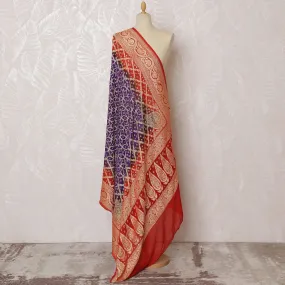 Purple and Red Bandhani Silk Georgette Dupatta with Paisley Golden Border – 265 x 110 Cms, India-D20290