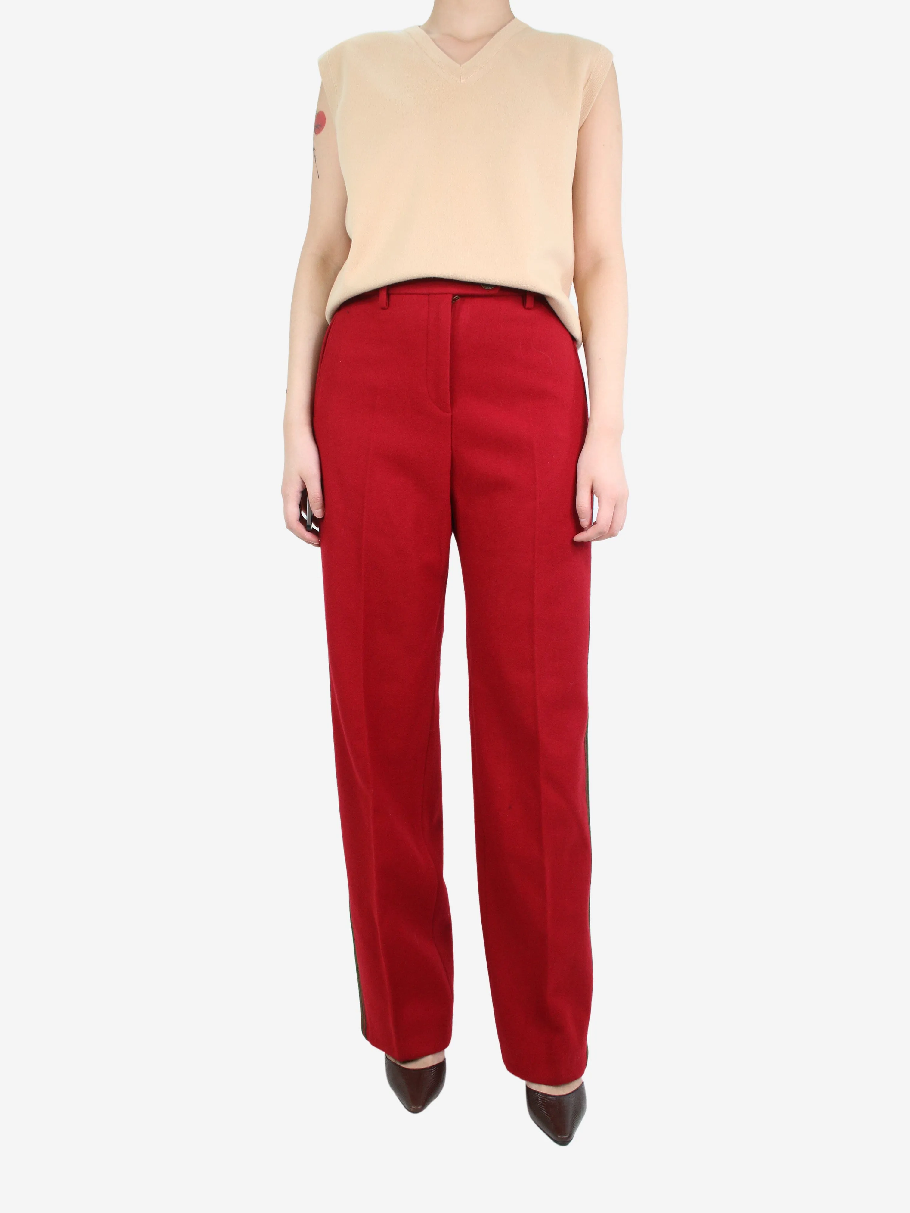 Red wool straight-leg trousers - size UK 12