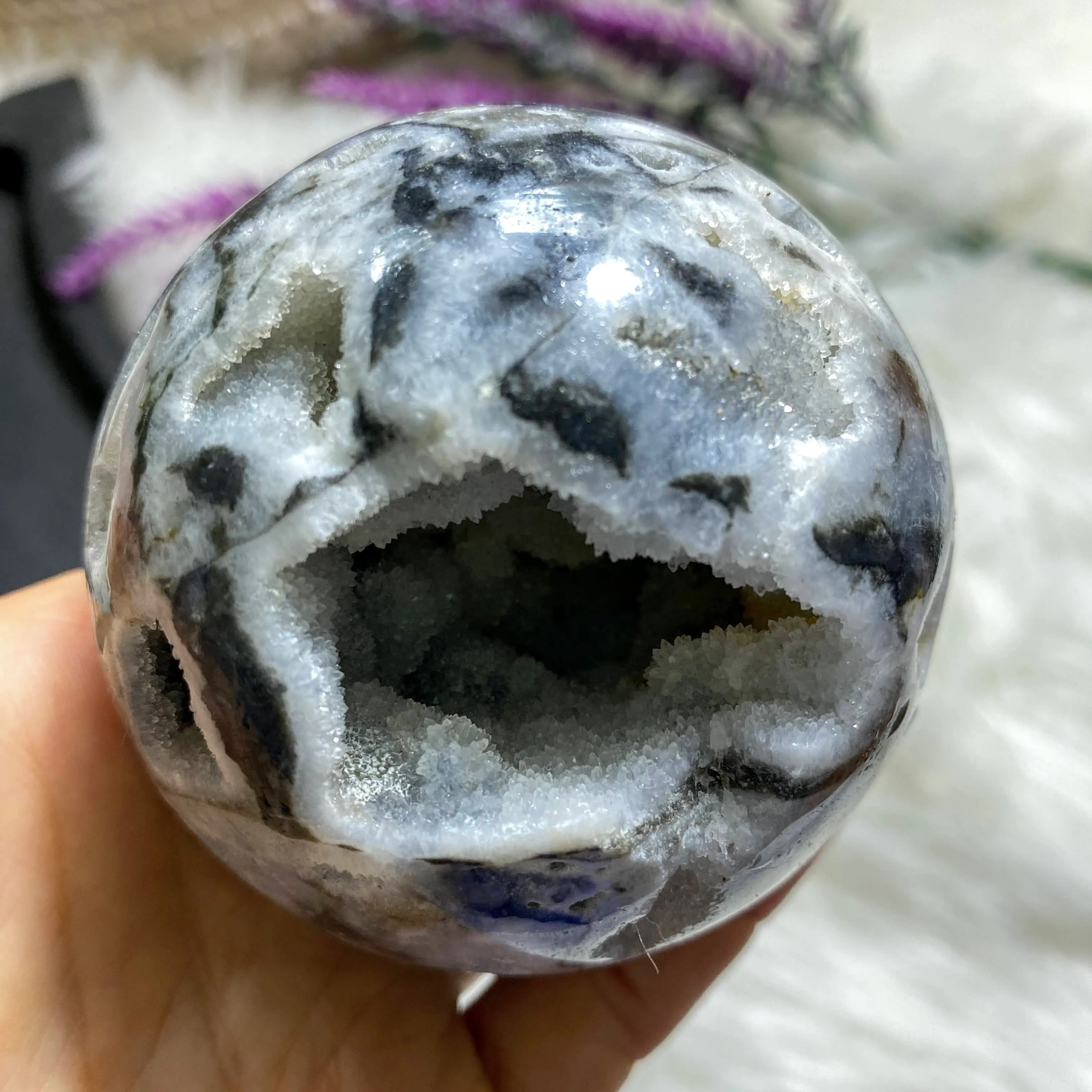 Reserved For Sandy Gorgeous XL Druzy Cave Geode Dendritic Agate Sphere Carving (Includes Stand)