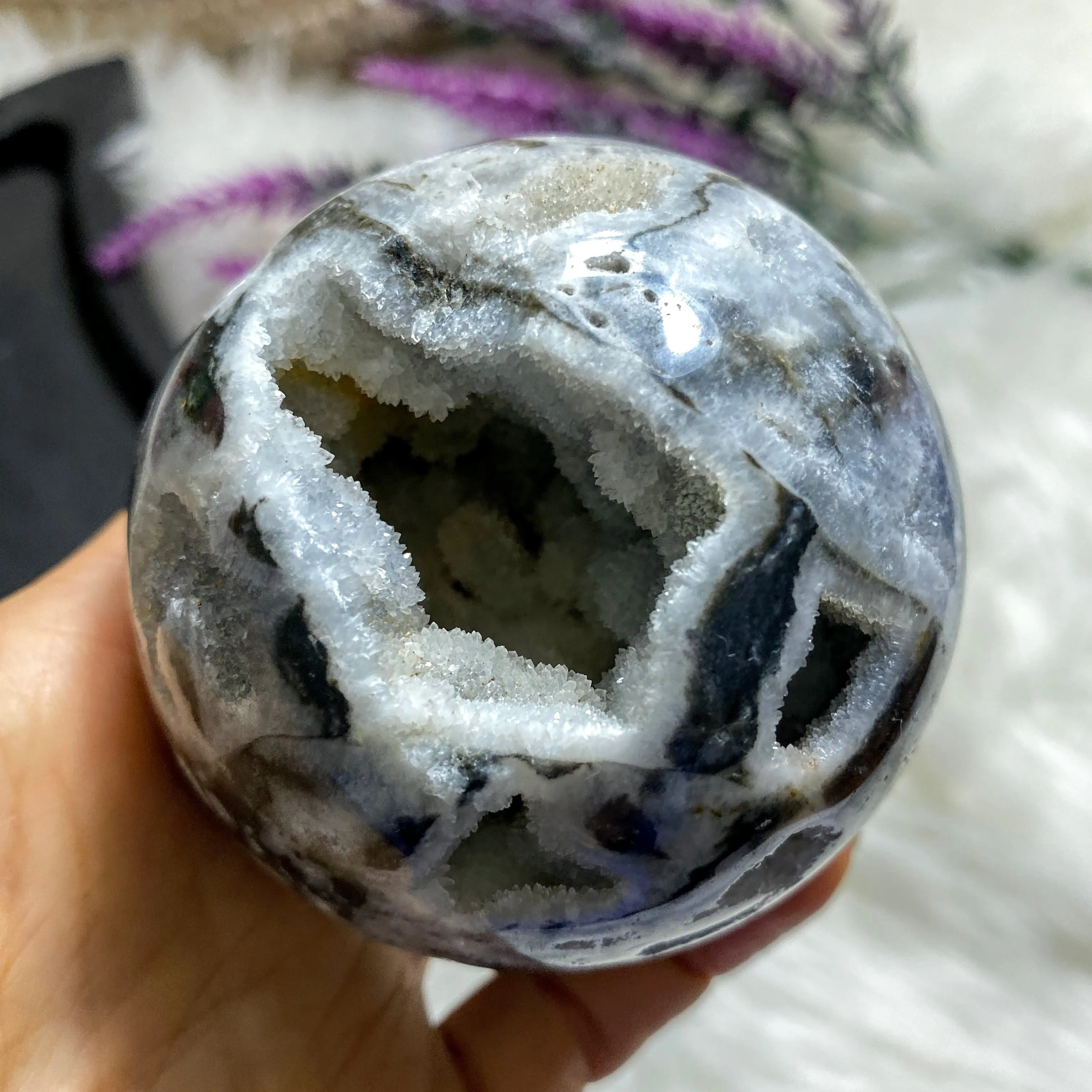 Reserved For Sandy Gorgeous XL Druzy Cave Geode Dendritic Agate Sphere Carving (Includes Stand)