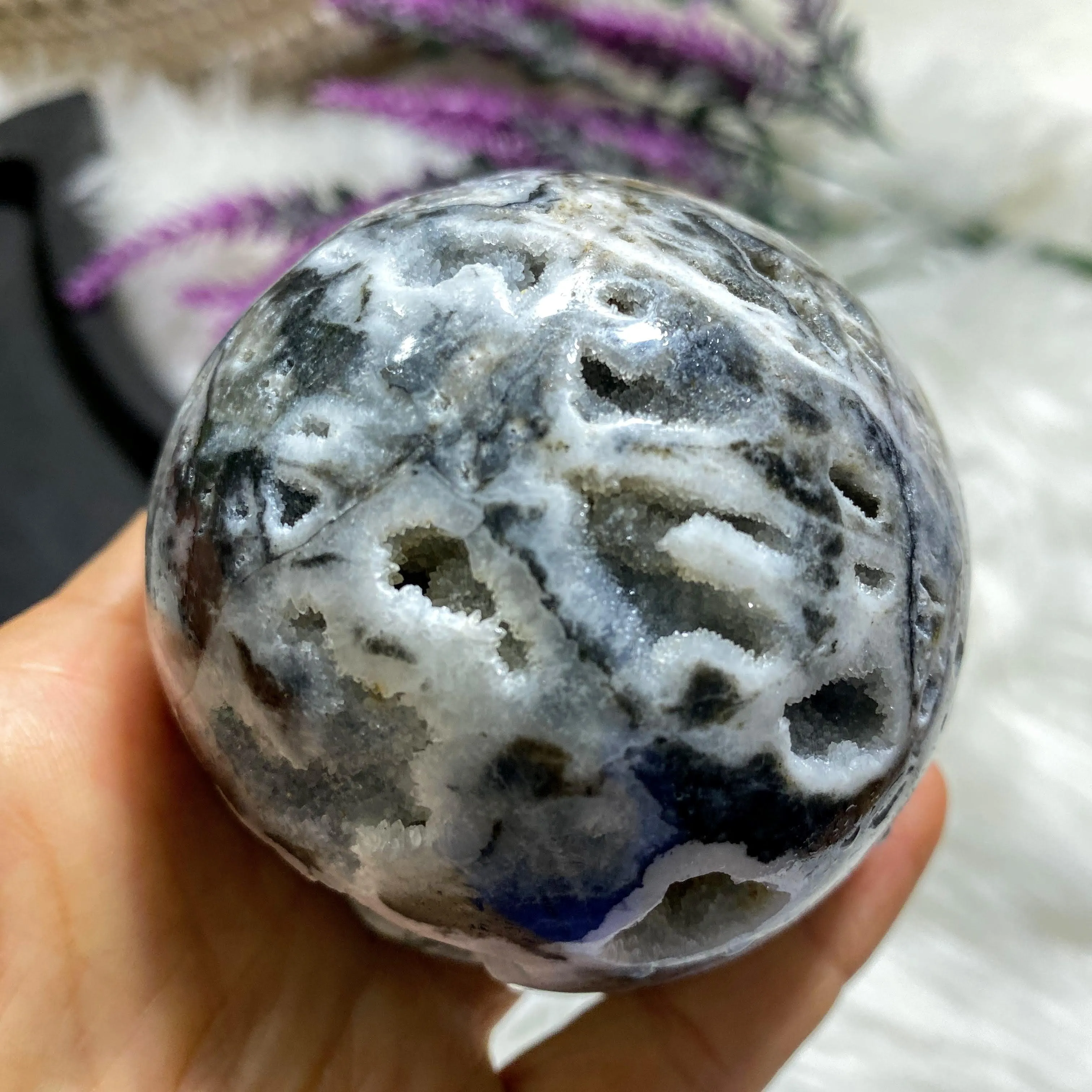 Reserved For Sandy Gorgeous XL Druzy Cave Geode Dendritic Agate Sphere Carving (Includes Stand)