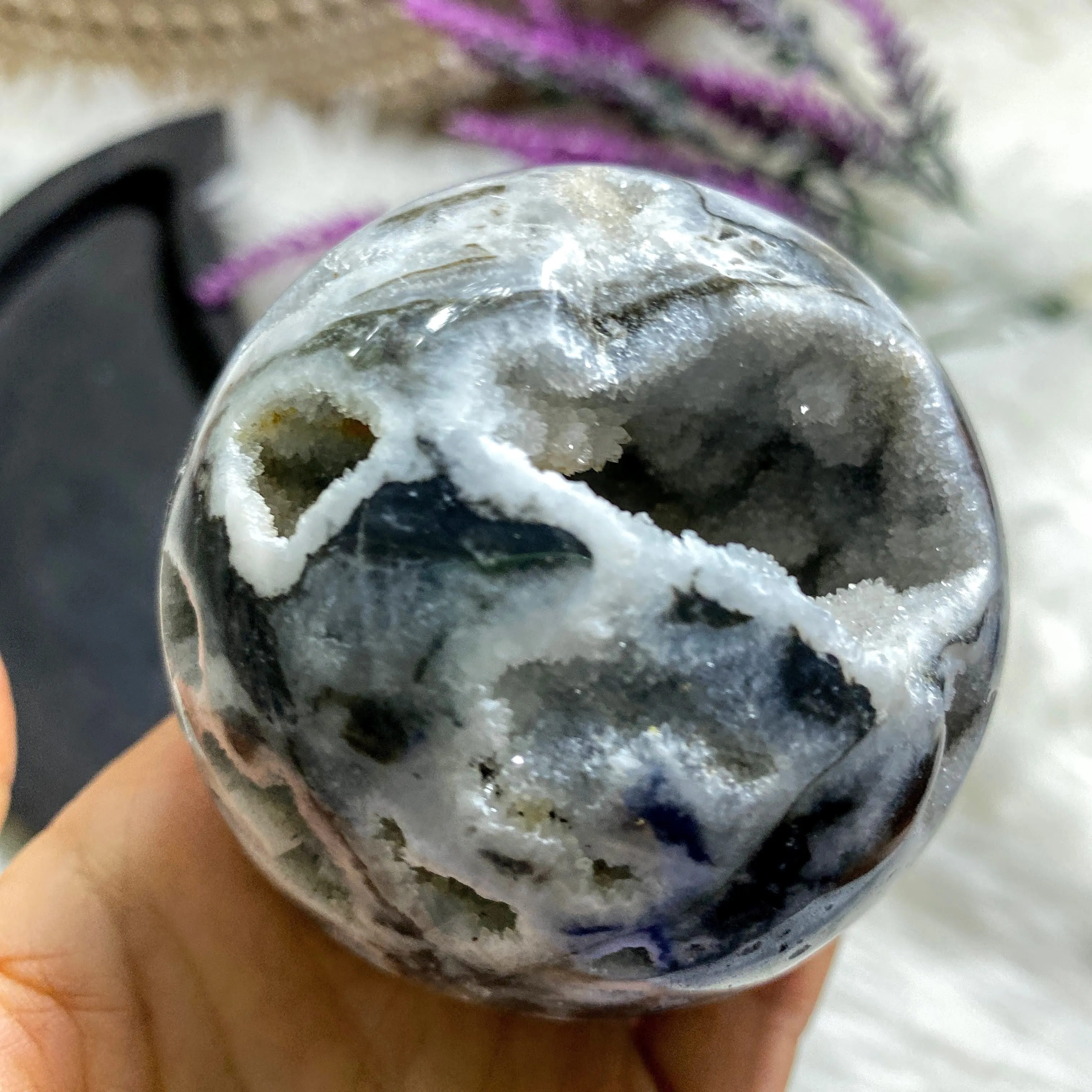 Reserved For Sandy Gorgeous XL Druzy Cave Geode Dendritic Agate Sphere Carving (Includes Stand)