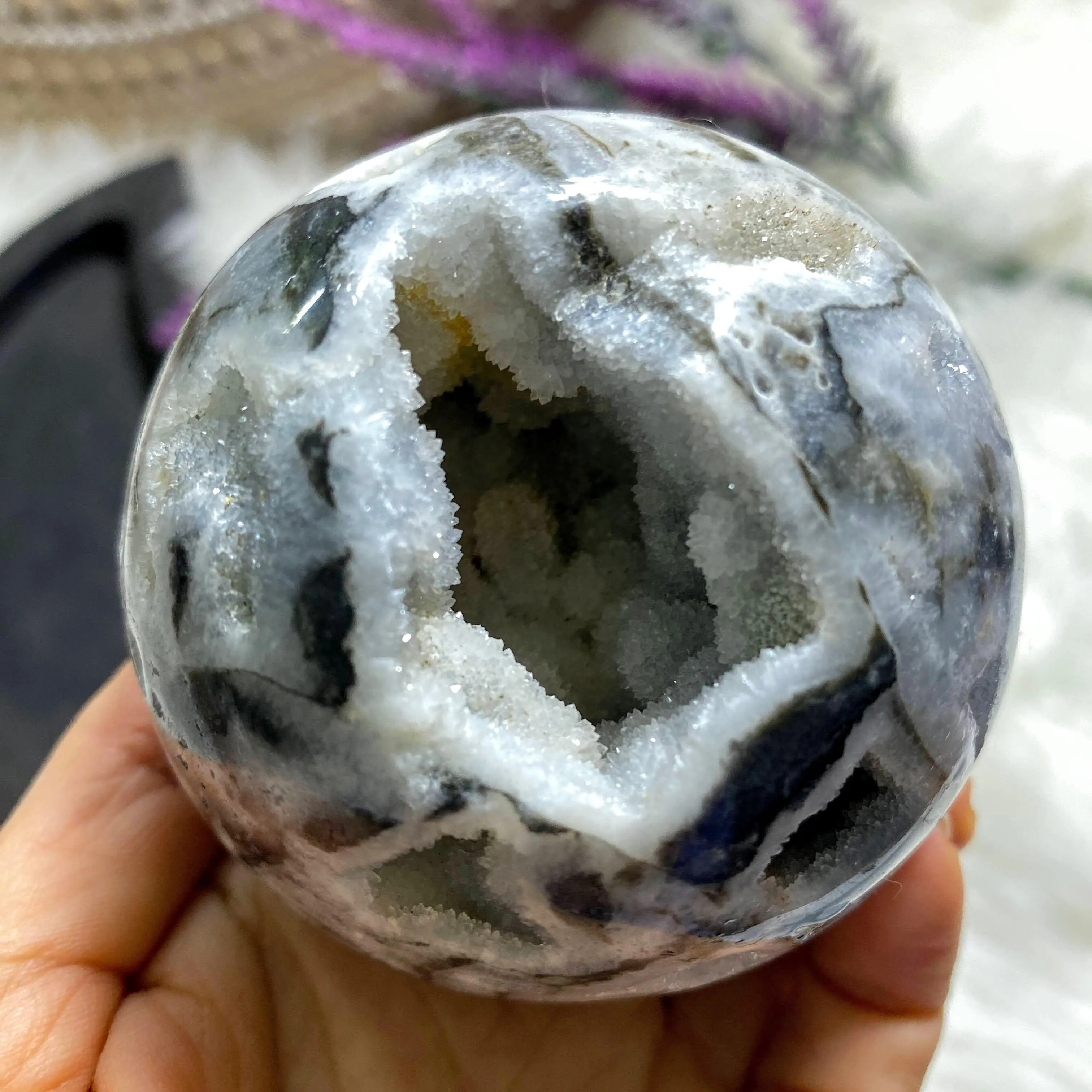 Reserved For Sandy Gorgeous XL Druzy Cave Geode Dendritic Agate Sphere Carving (Includes Stand)