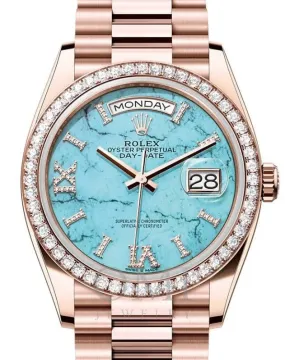 ROLEX DAY-DATE 36 PRESIDENT ROSE GOLD TIFFANY TURQUOISE DIAL & DIAMOND BEZEL 128345RBR WITH ROSE GOLD OYSTER BRACELET