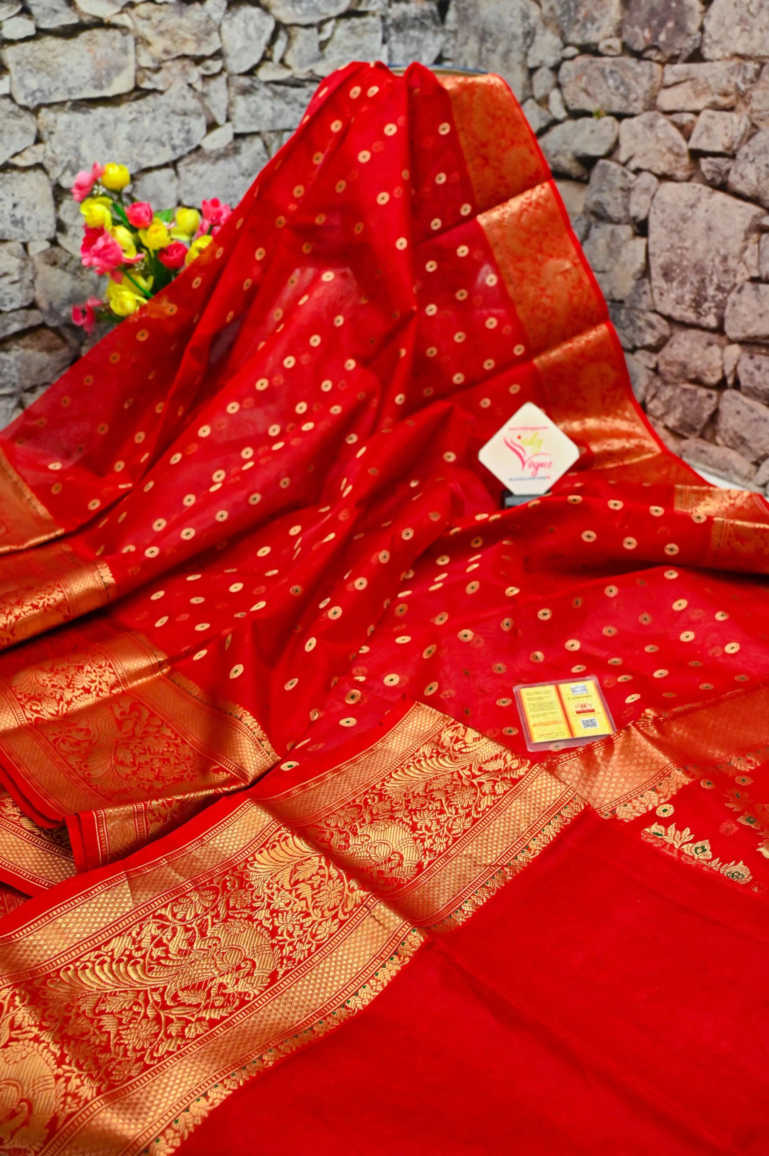 Royal Red Color Pure Chanderi Banarasi Silk Saree with Meenakari Work