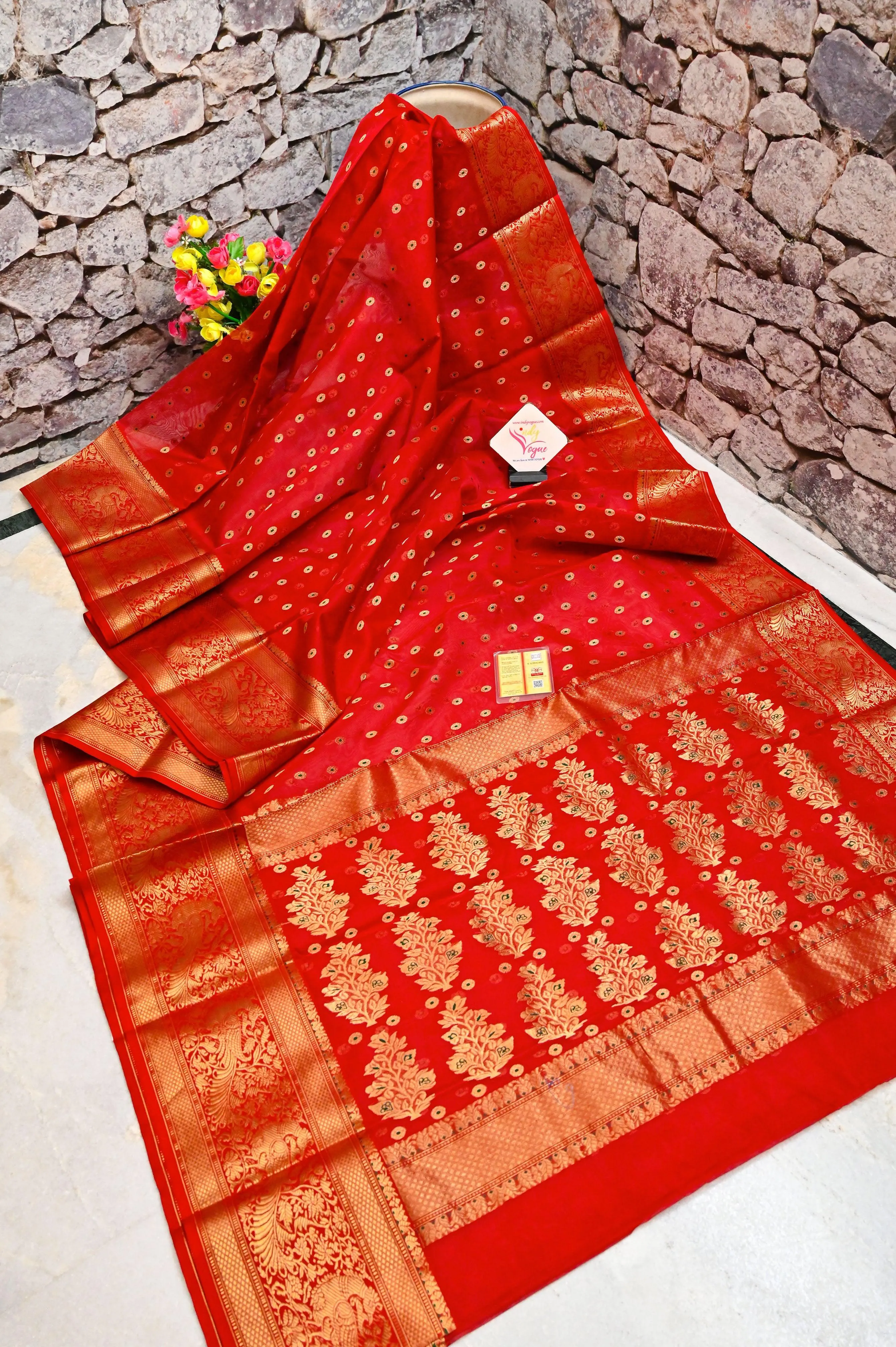 Royal Red Color Pure Chanderi Banarasi Silk Saree with Meenakari Work