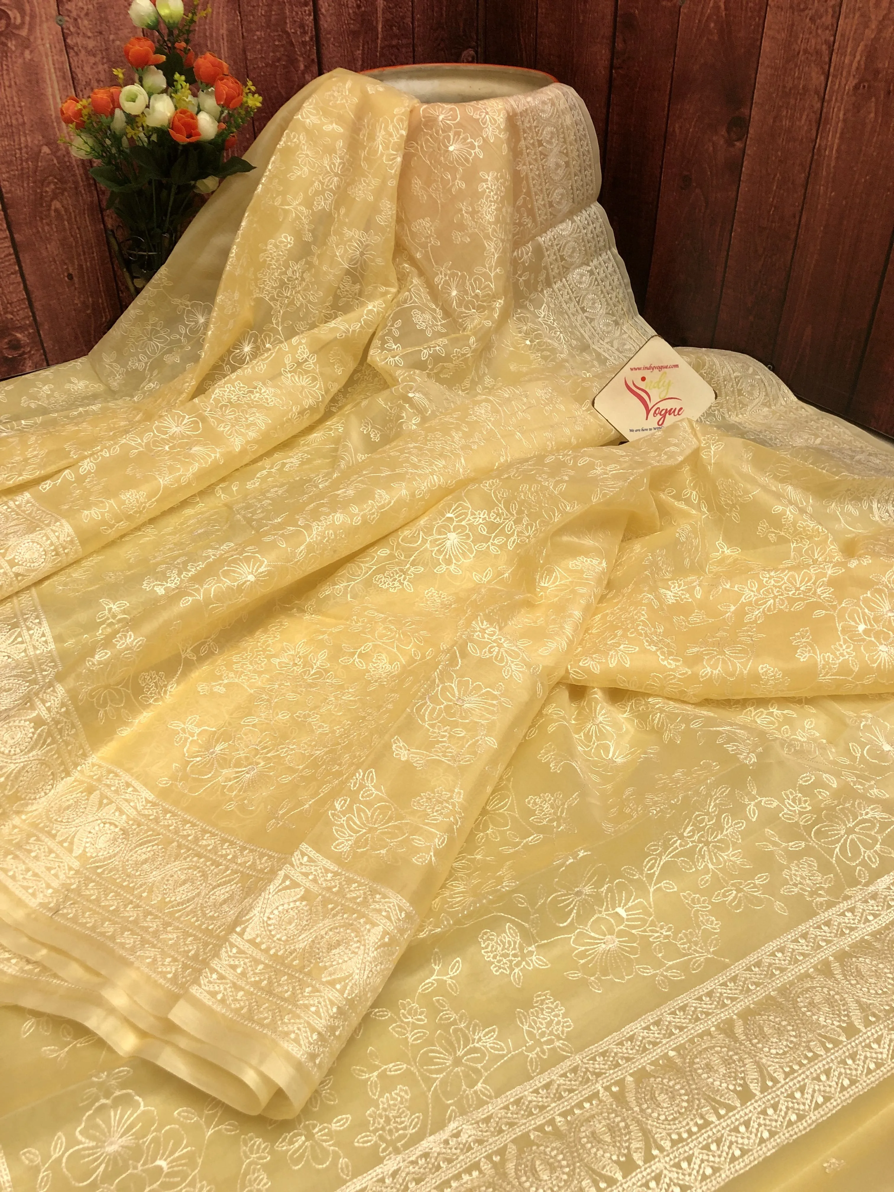 Soft Yellow Color Designer Organza Saree with Chikankari