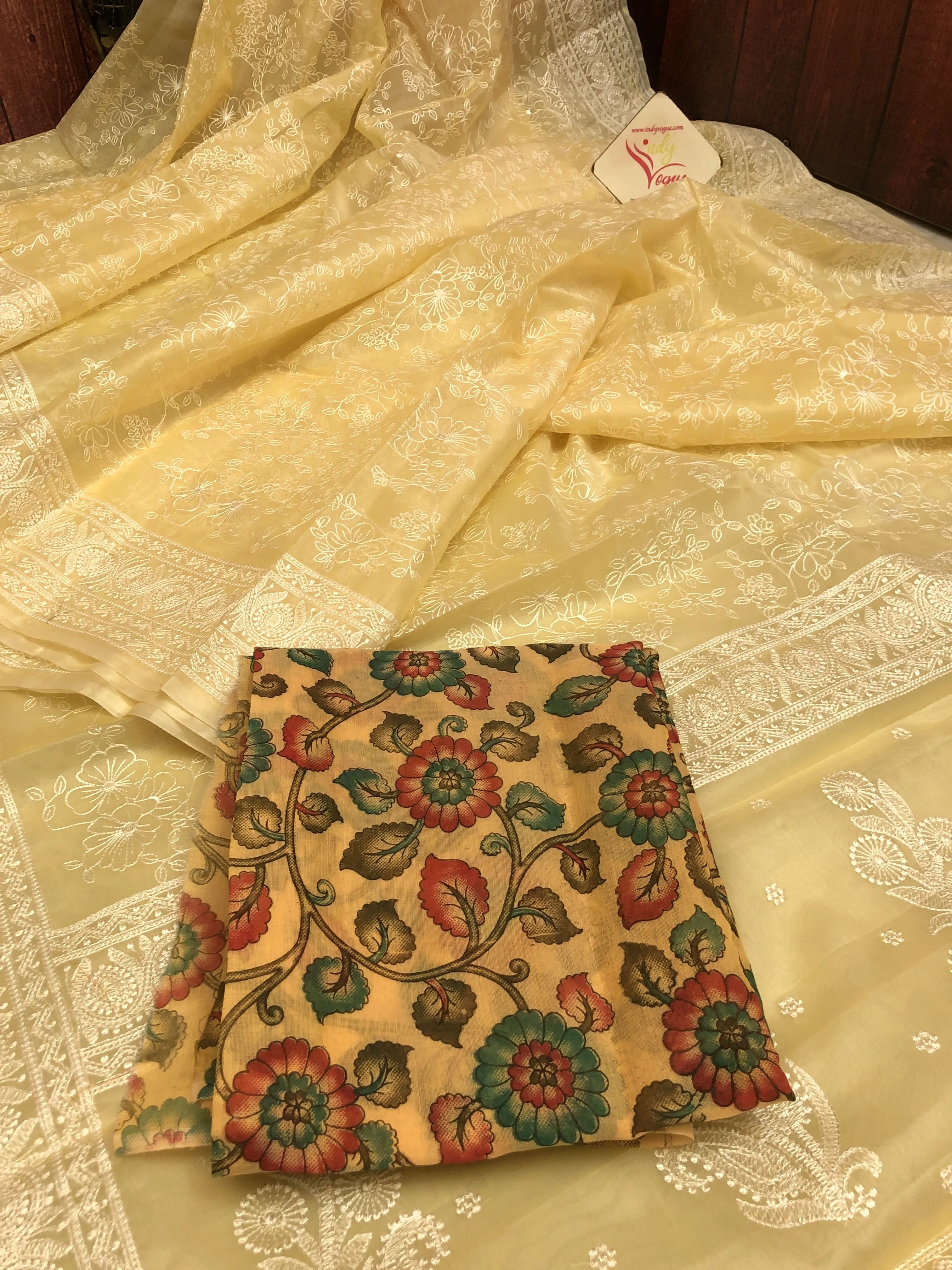 Soft Yellow Color Designer Organza Saree with Chikankari