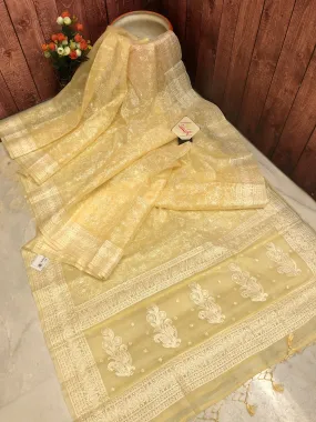 Soft Yellow Color Designer Organza Saree with Chikankari