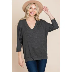 Solid Rib Modal Casual 3/4 Sleeves Dolman Sleeves Top