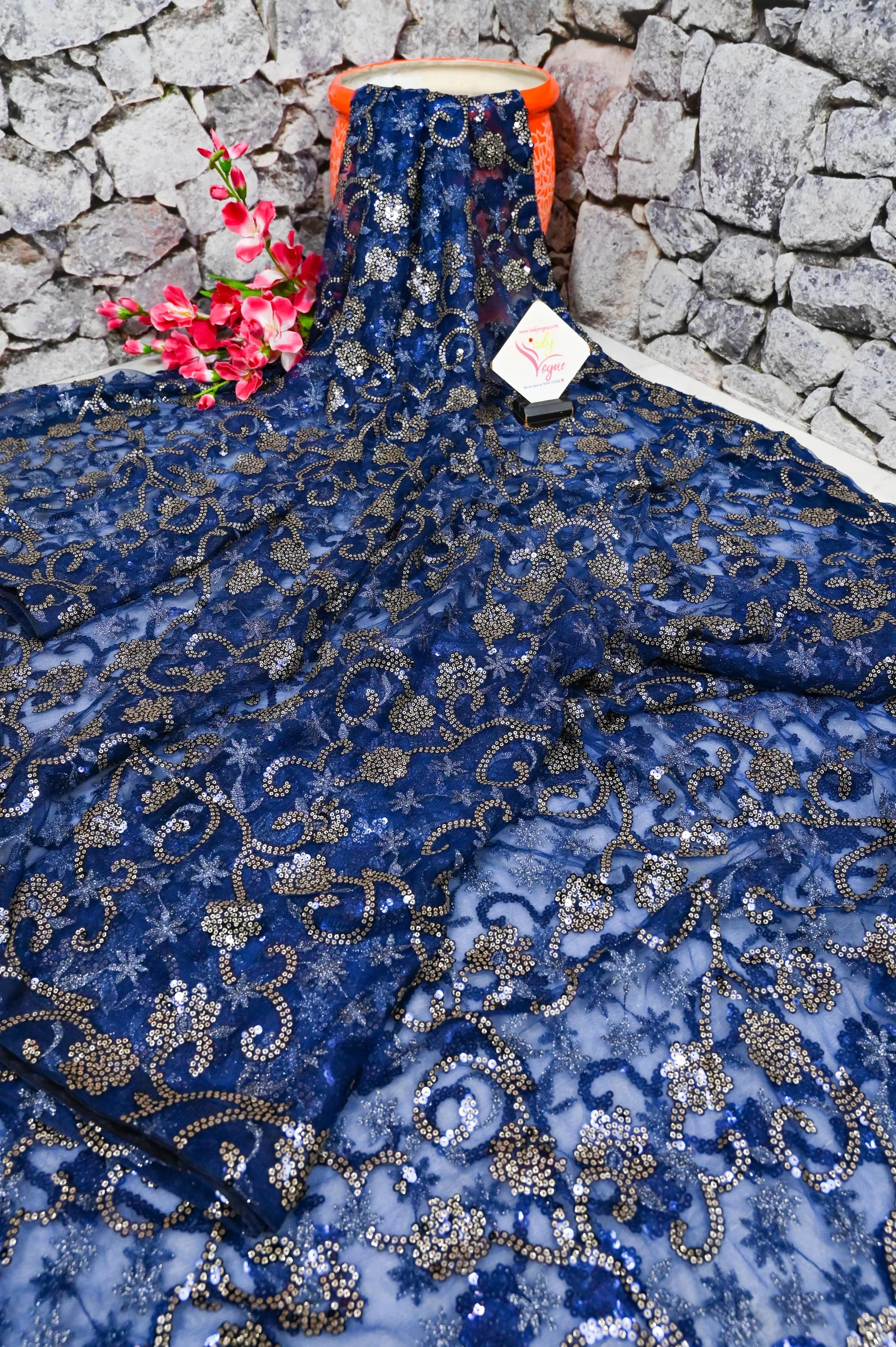 Space Blue Color Designer Net Saree with Sequin Work