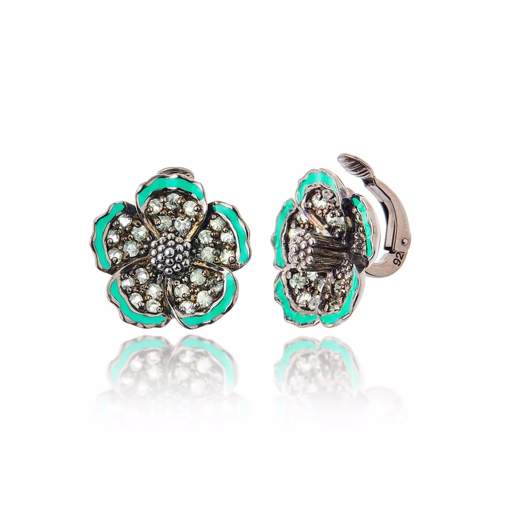 Sterling Silver Stud Earring Clips With Spearmint Enamel & Green Sapphire