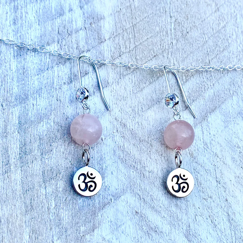 Sterling Silver Yoga Inspired Ohm Earrings with Rose Quartz to Hear the Sound of the Universe