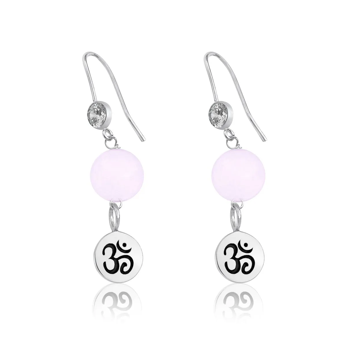 Sterling Silver Yoga Inspired Ohm Earrings with Rose Quartz to Hear the Sound of the Universe