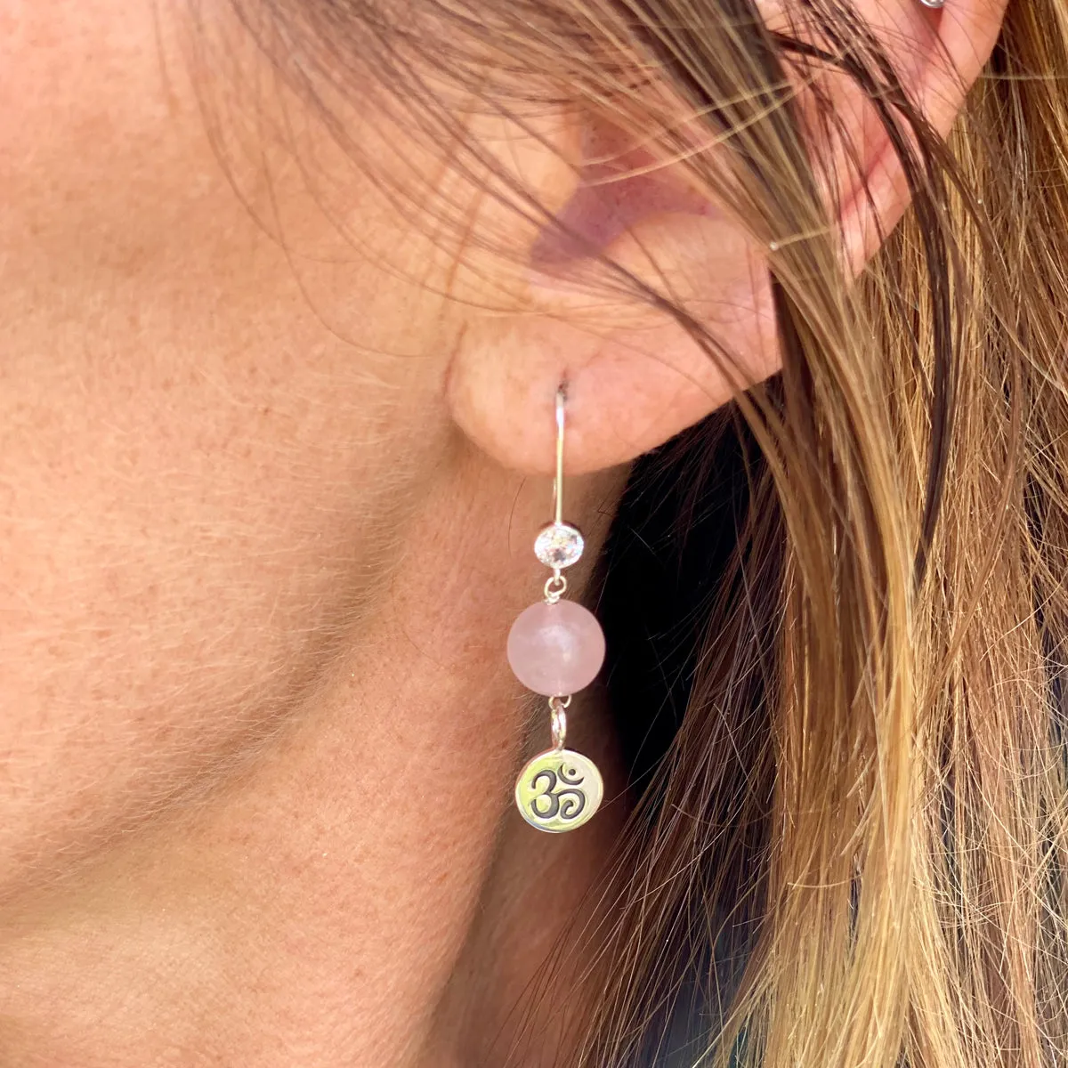 Sterling Silver Yoga Inspired Ohm Earrings with Rose Quartz to Hear the Sound of the Universe