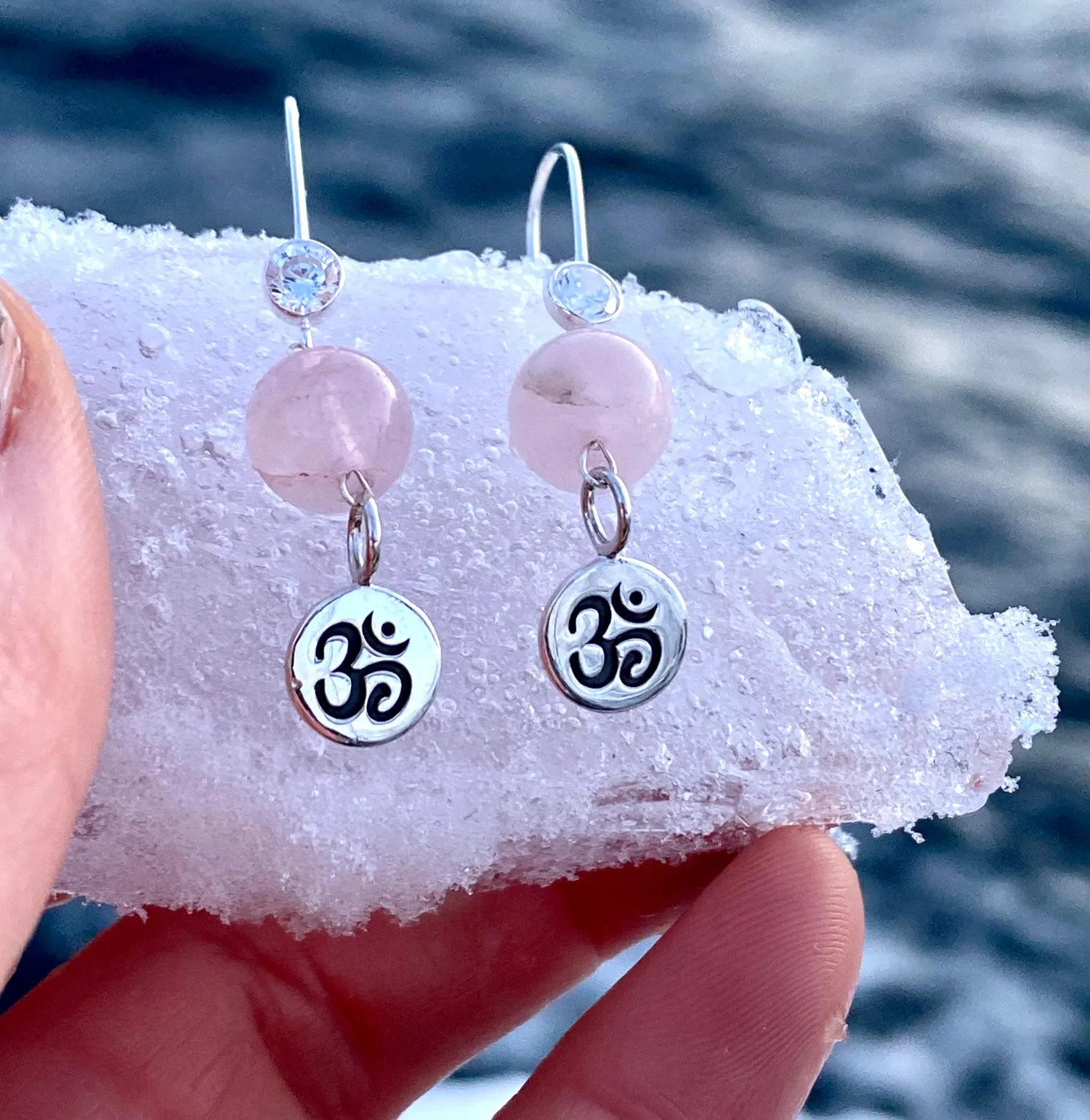 Sterling Silver Yoga Inspired Ohm Earrings with Rose Quartz to Hear the Sound of the Universe