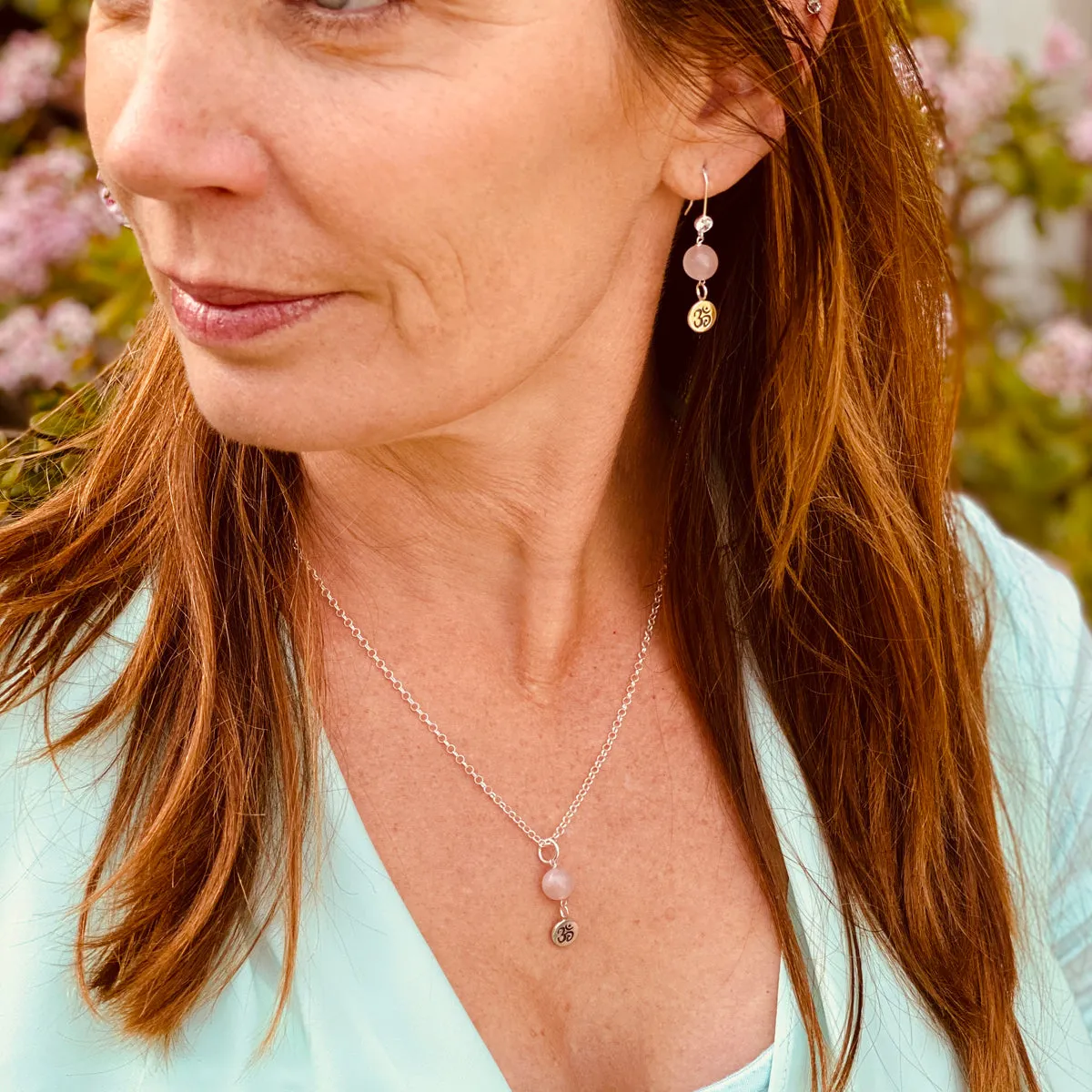 Sterling Silver Yoga Inspired Ohm Earrings with Rose Quartz to Hear the Sound of the Universe