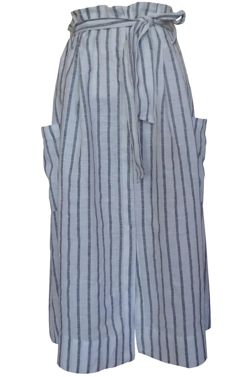 Summer Linen Paper Bag Midi White Stripe Skirt