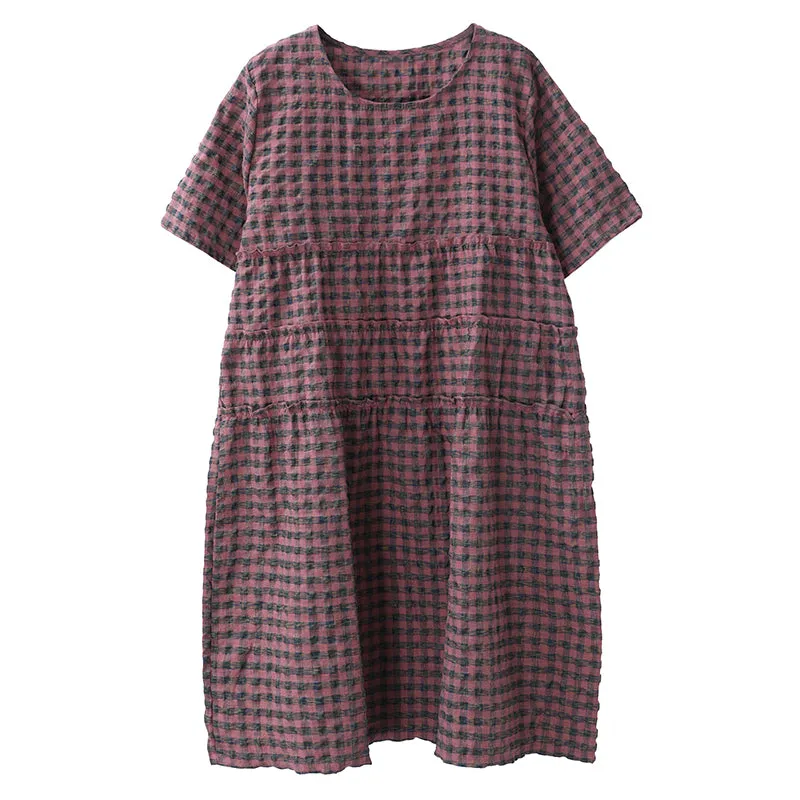 Summer Plaid Round Neck Cotton Linen Midi Dress