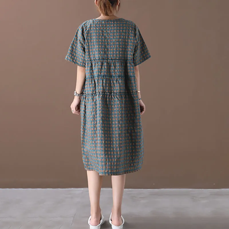 Summer Plaid Round Neck Cotton Linen Midi Dress