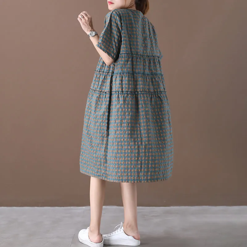 Summer Plaid Round Neck Cotton Linen Midi Dress