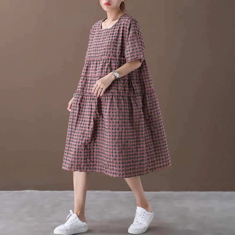 Summer Plaid Round Neck Cotton Linen Midi Dress