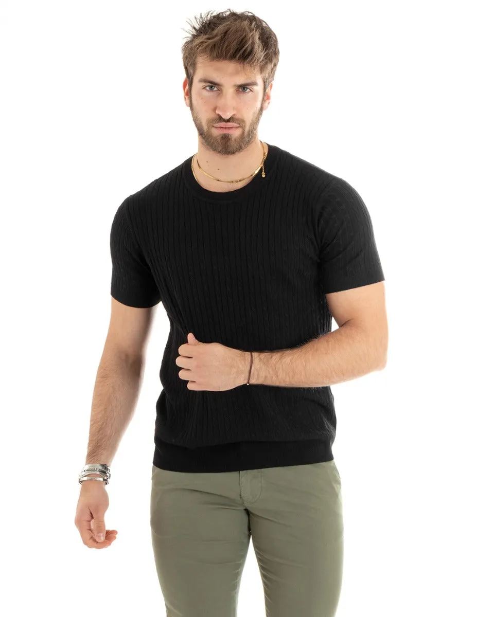 T-shirt Uomo Filo Manica Corta Girocollo Tinta Unita Nero Basic Trecce GIOSAL-TS2888A