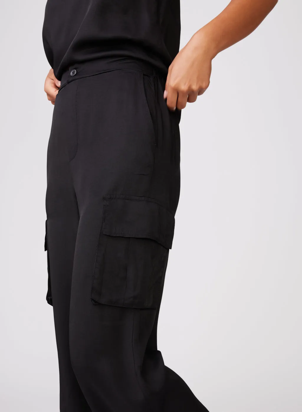 Viscose Satin Cargo Pant in Black